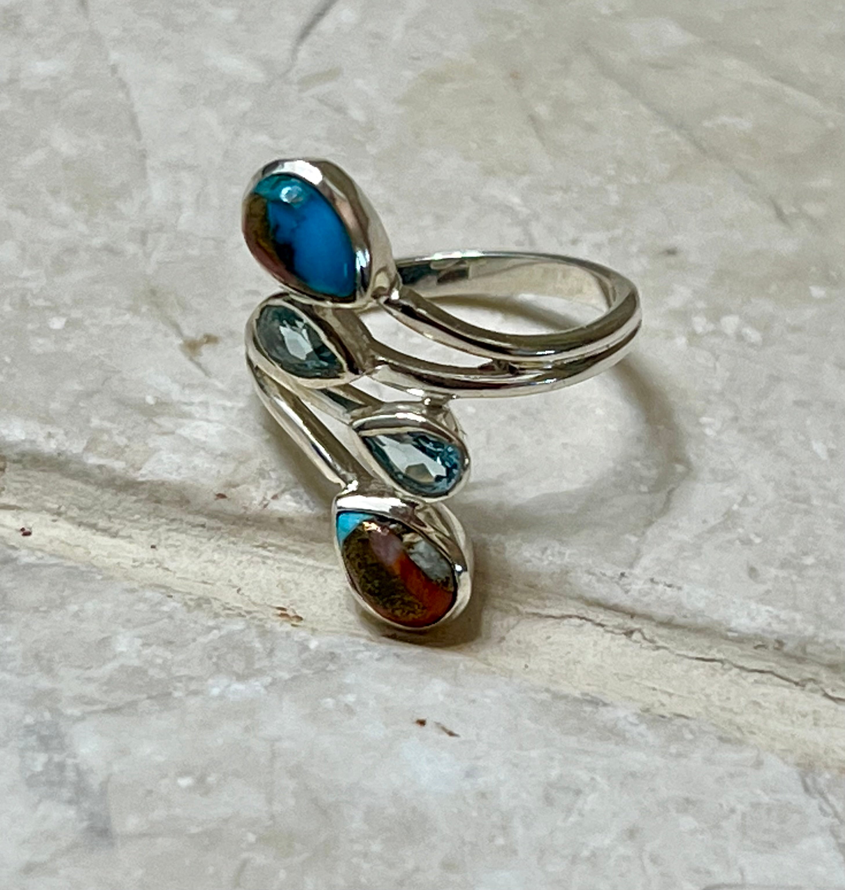 Turquoise, Blue Topaz and Spiny Oyster Sterling Silver Ring Size 7