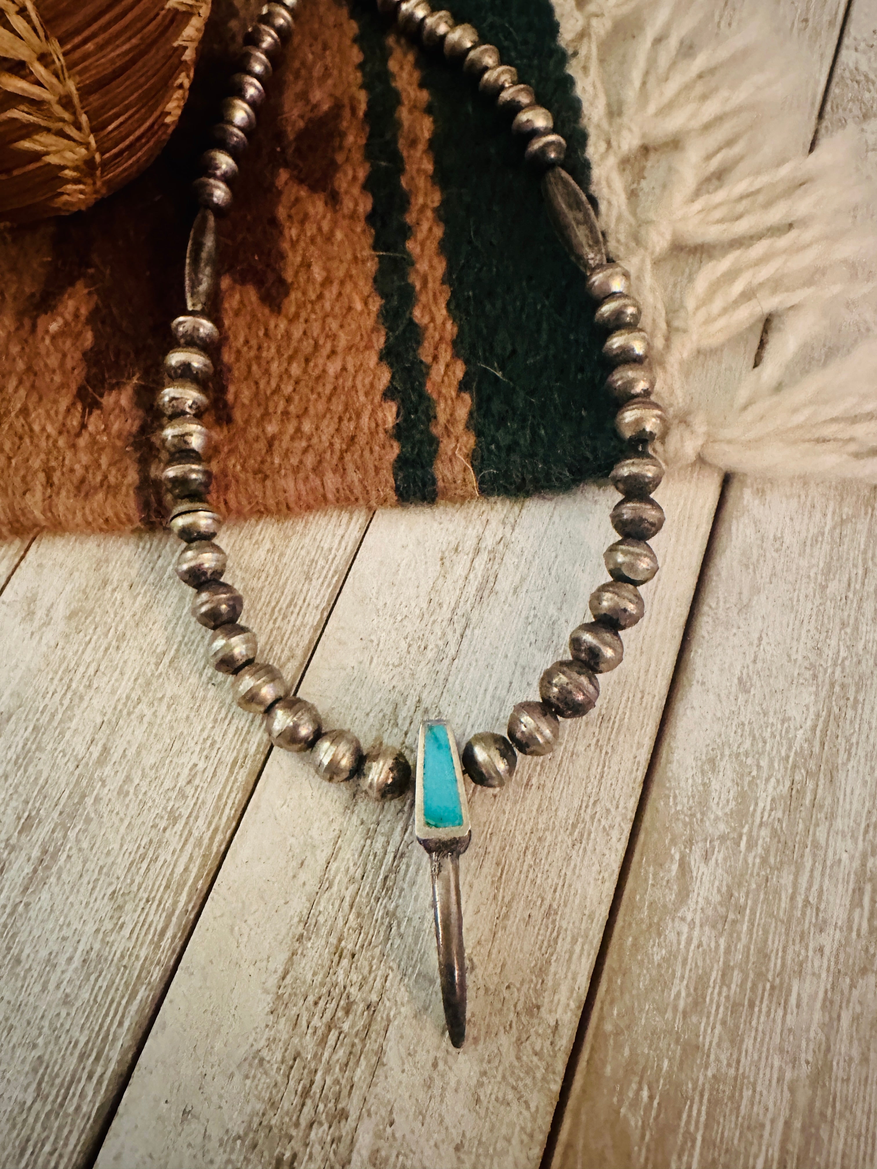 Vintage Old Pawn Navajo Turquoise & Sterling Silver Beaded Necklace