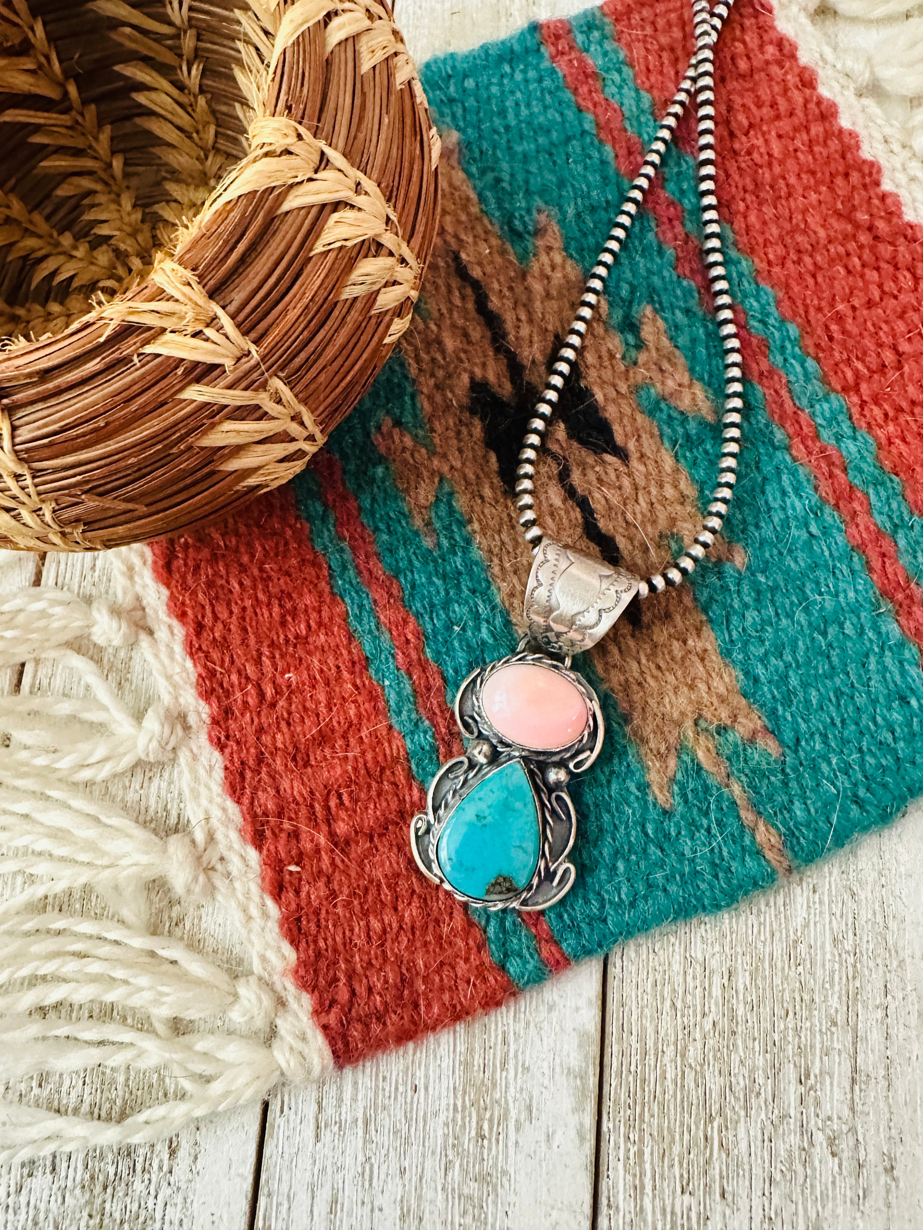 Handcrafted Sterling Silver, Queen Pink Conch & Turquoise Pendant