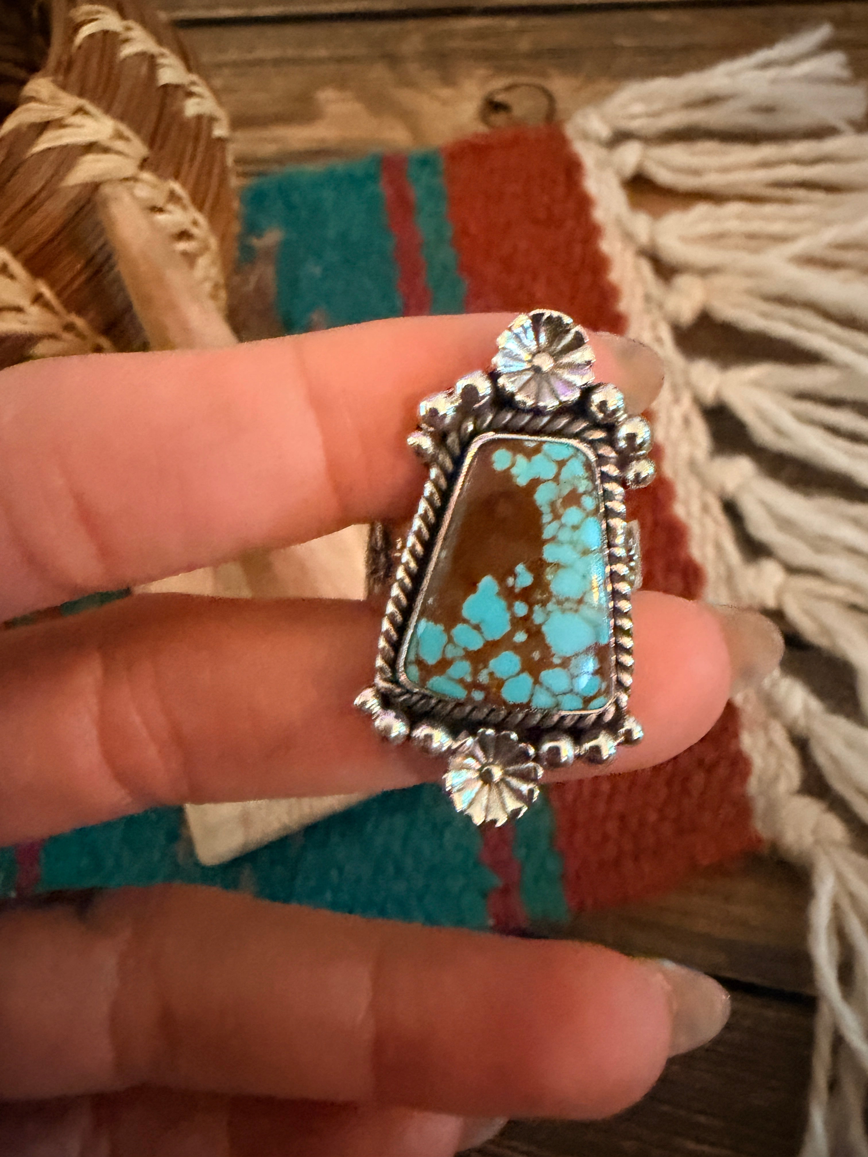 Handmade Sterling Silver Number 8 Turquoise Adjustable Ring Signed Nizhoni
