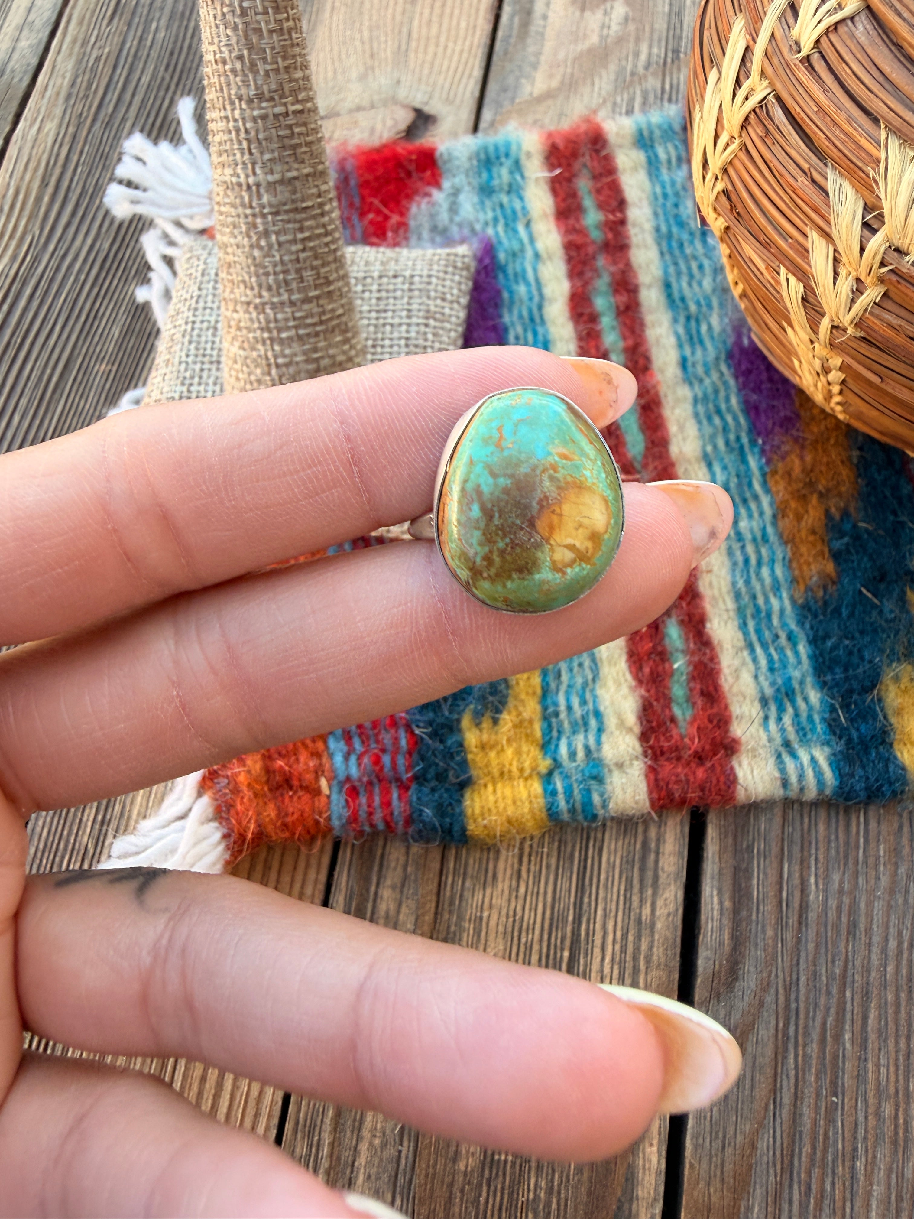 Handcrafted Turquoise & Sterling Silver Ring Size 9
