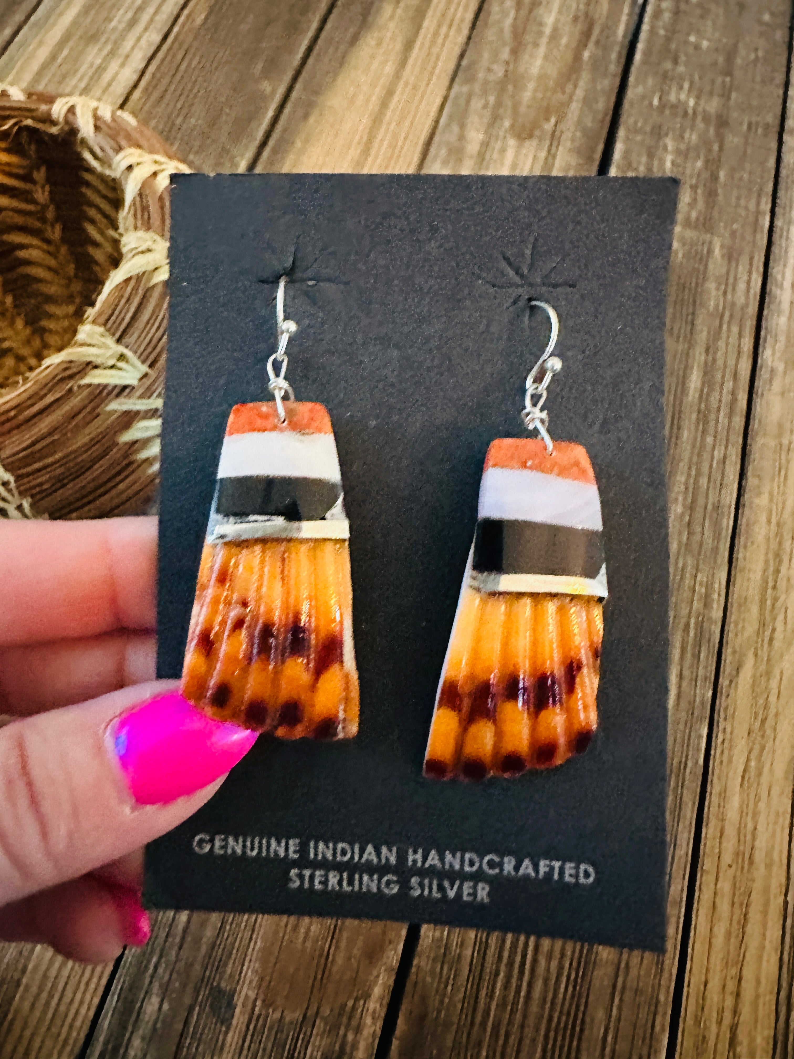 Handcrafted Multi Stone Inlay & Shell Dangle Earrings