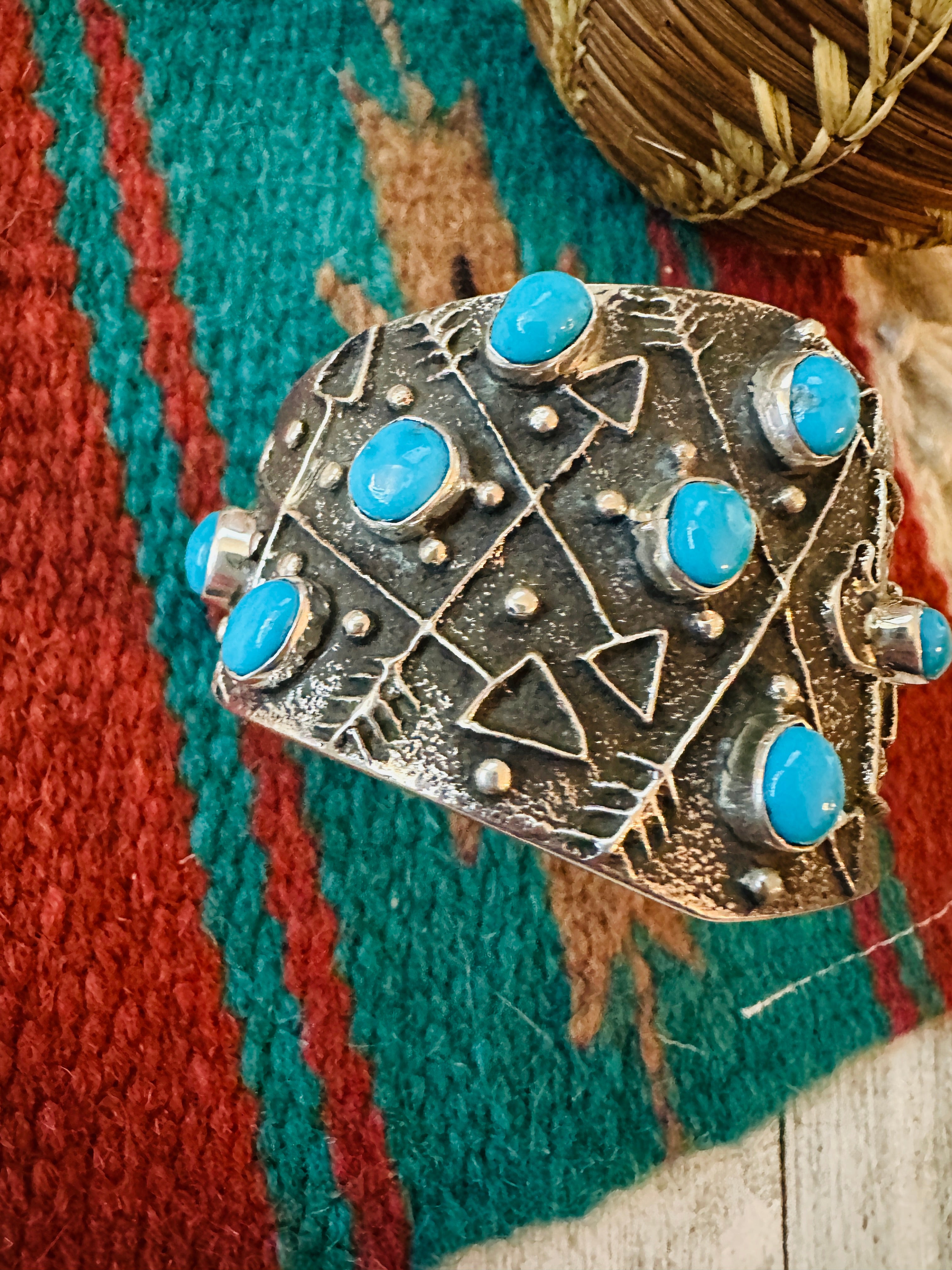 Navajo Turquoise & Sterling Silver Thunderbird Tufa Cast Cuff Bracelet by Delbert Arviso