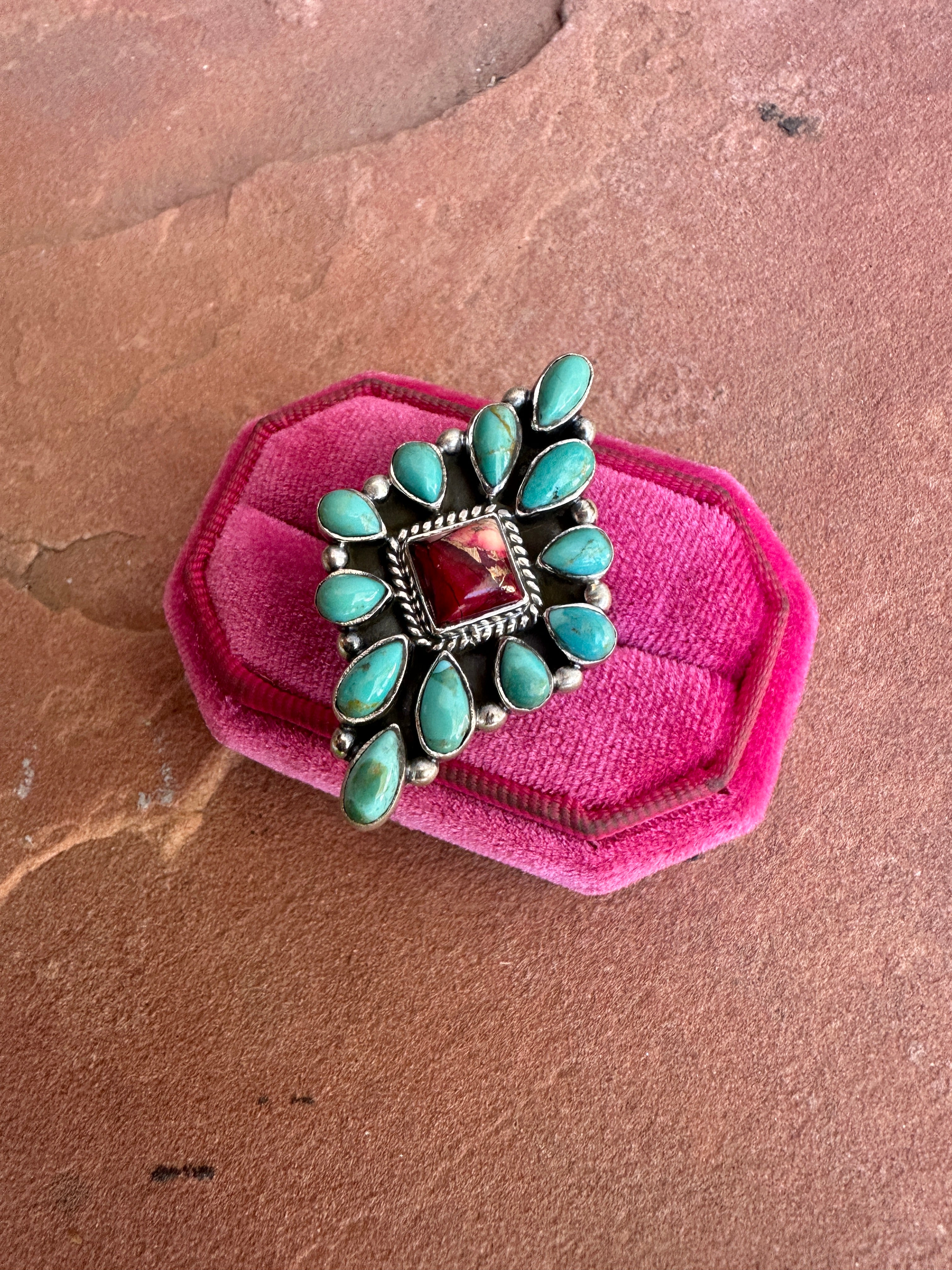 Handmade Dahlia Rose, Turquoise & Sterling Silver Adjustable Cluster Ring