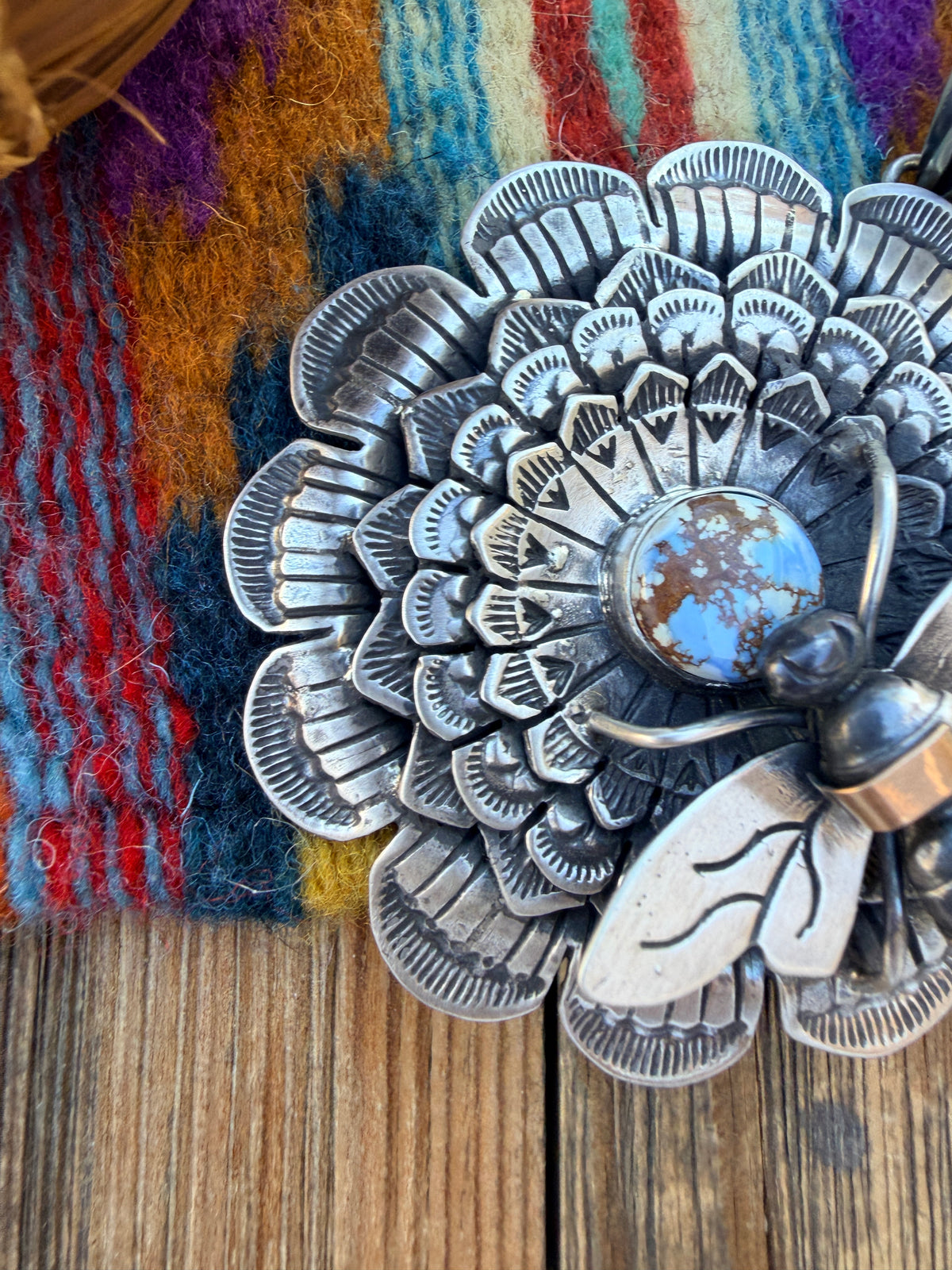Handcrafted Sterling Silver & Golden Hills Turquoise Sunflower Necklace with Bee by Russell Sam
