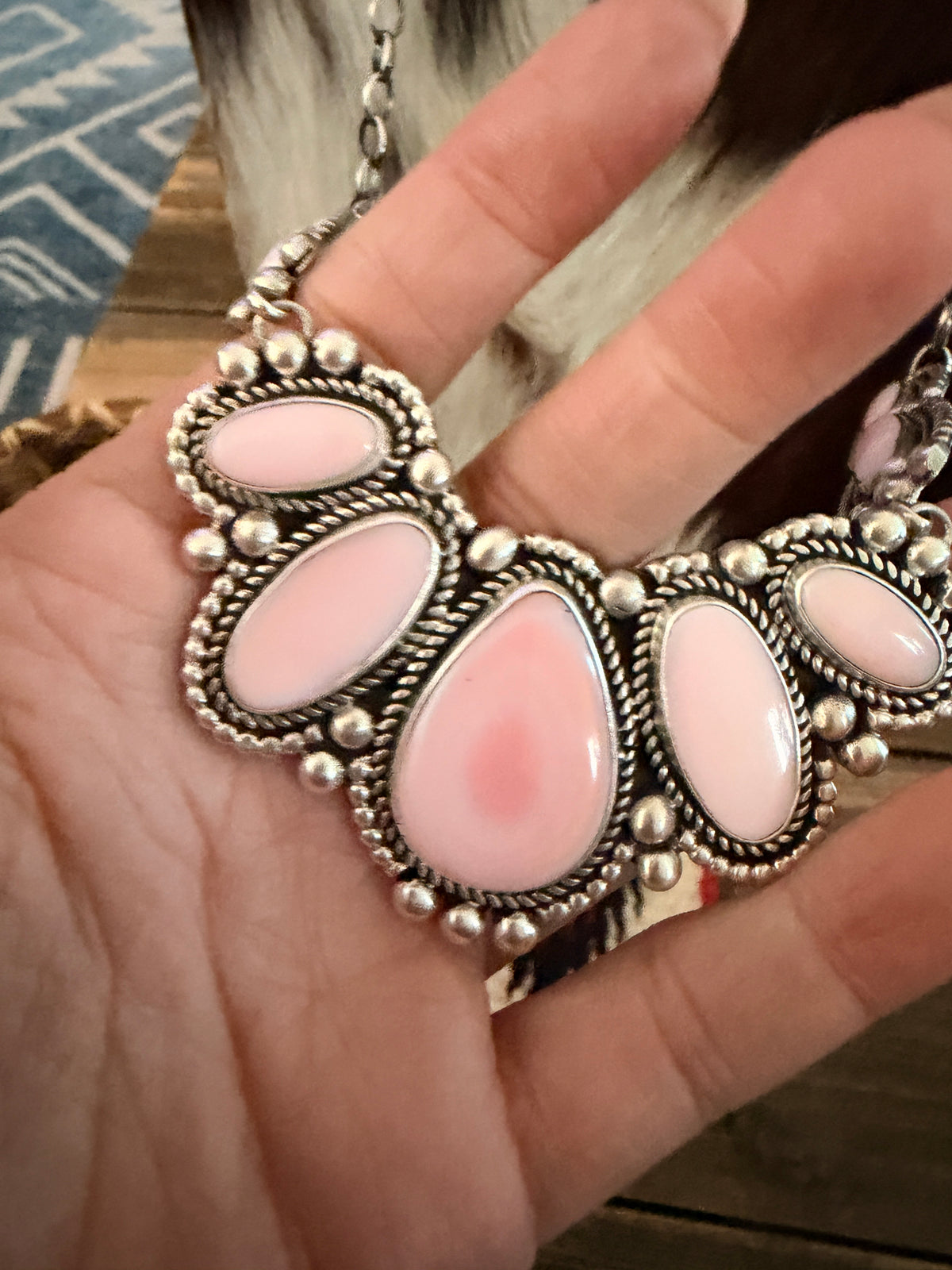 Handcrafted Queen Pink Conch & Sterling Silver Cluster Necklace and Earring Set by Joelias Draper