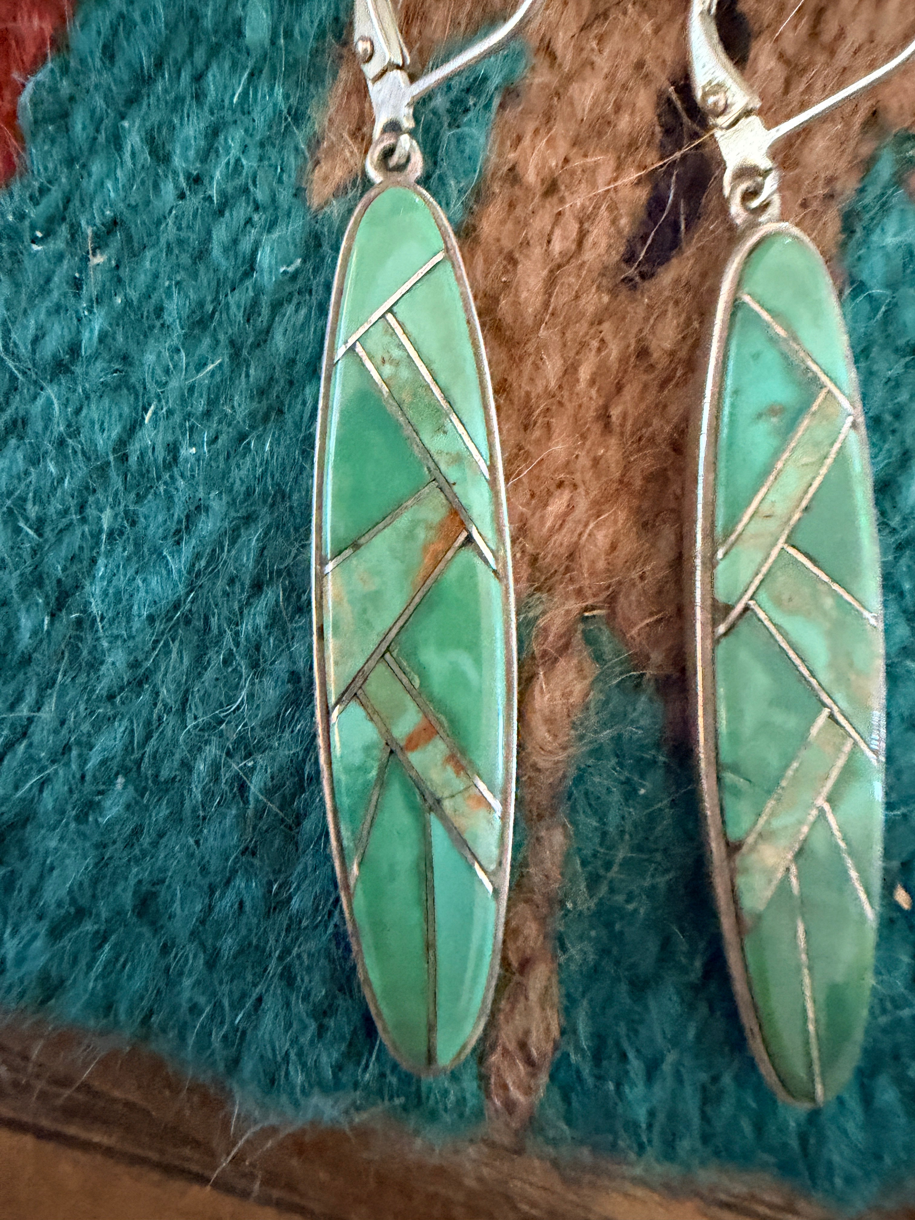 Old Pawn Handcrafted Sterling Silver & Turquoise Inlay Dangle Earrings