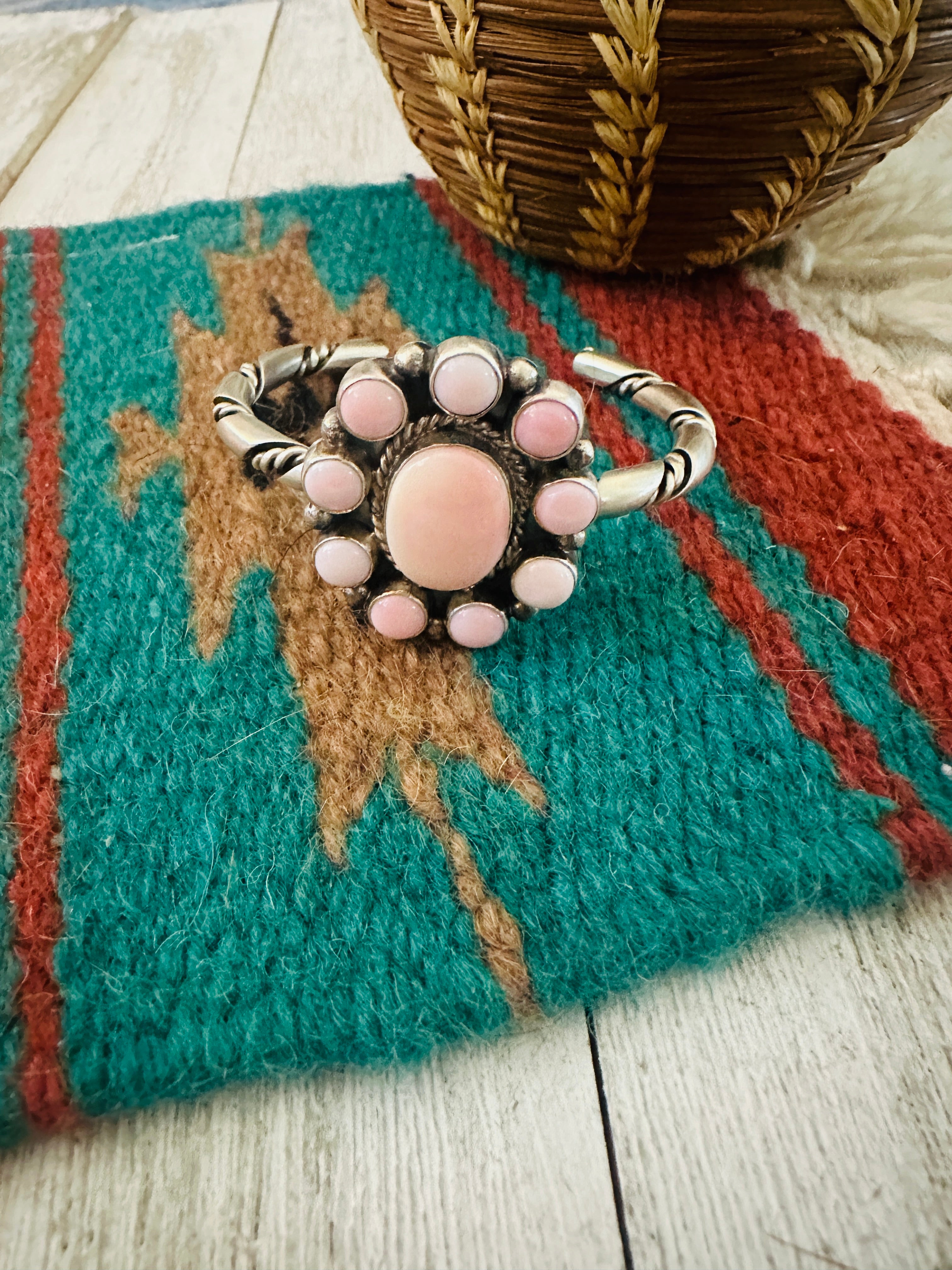 Navajo Queen Pink Conch Shell & Sterling Silver Cluster Cuff Bracelet