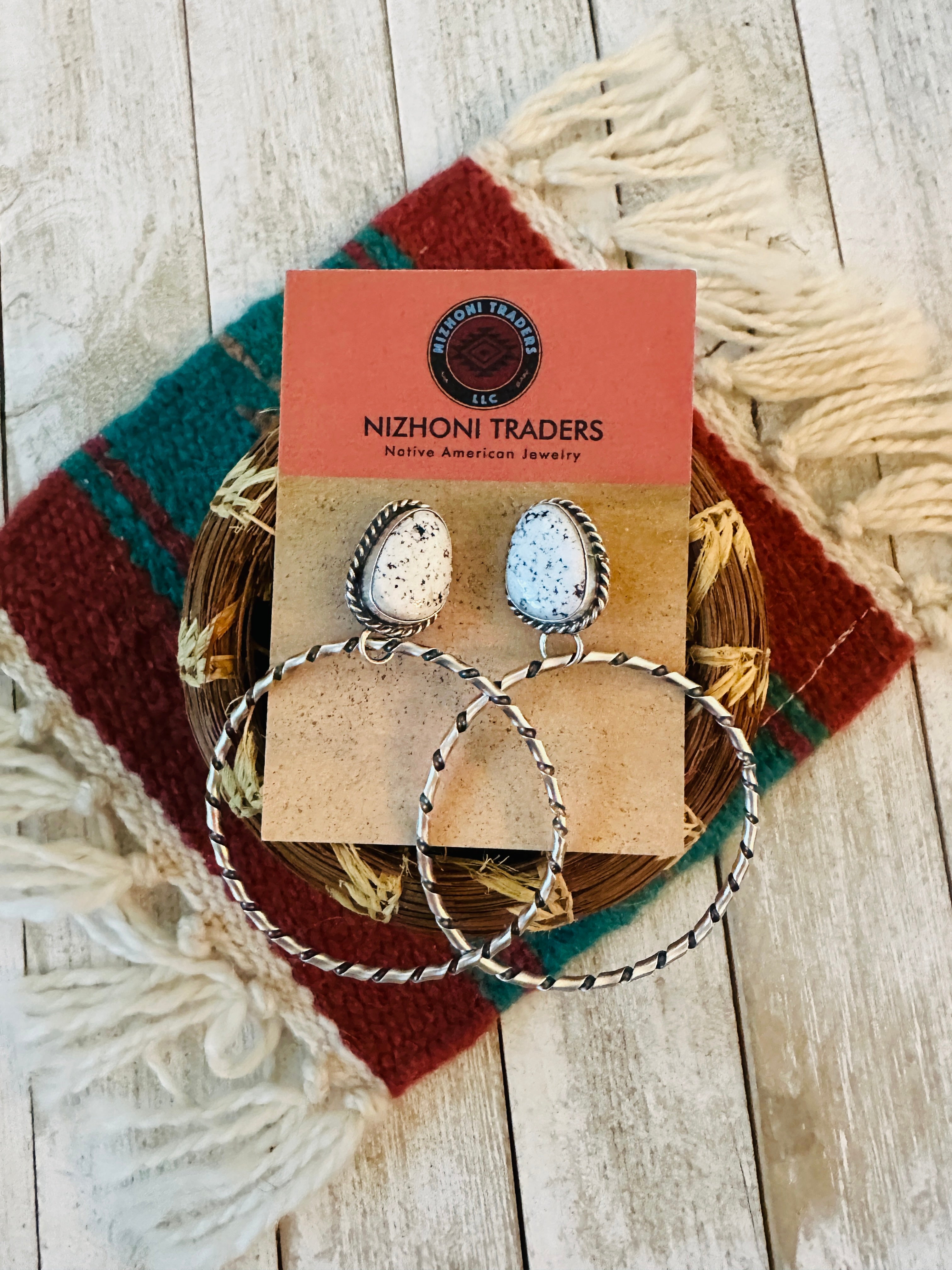 Navajo White Buffalo and Sterling Silver Dangle Hoop Earrings