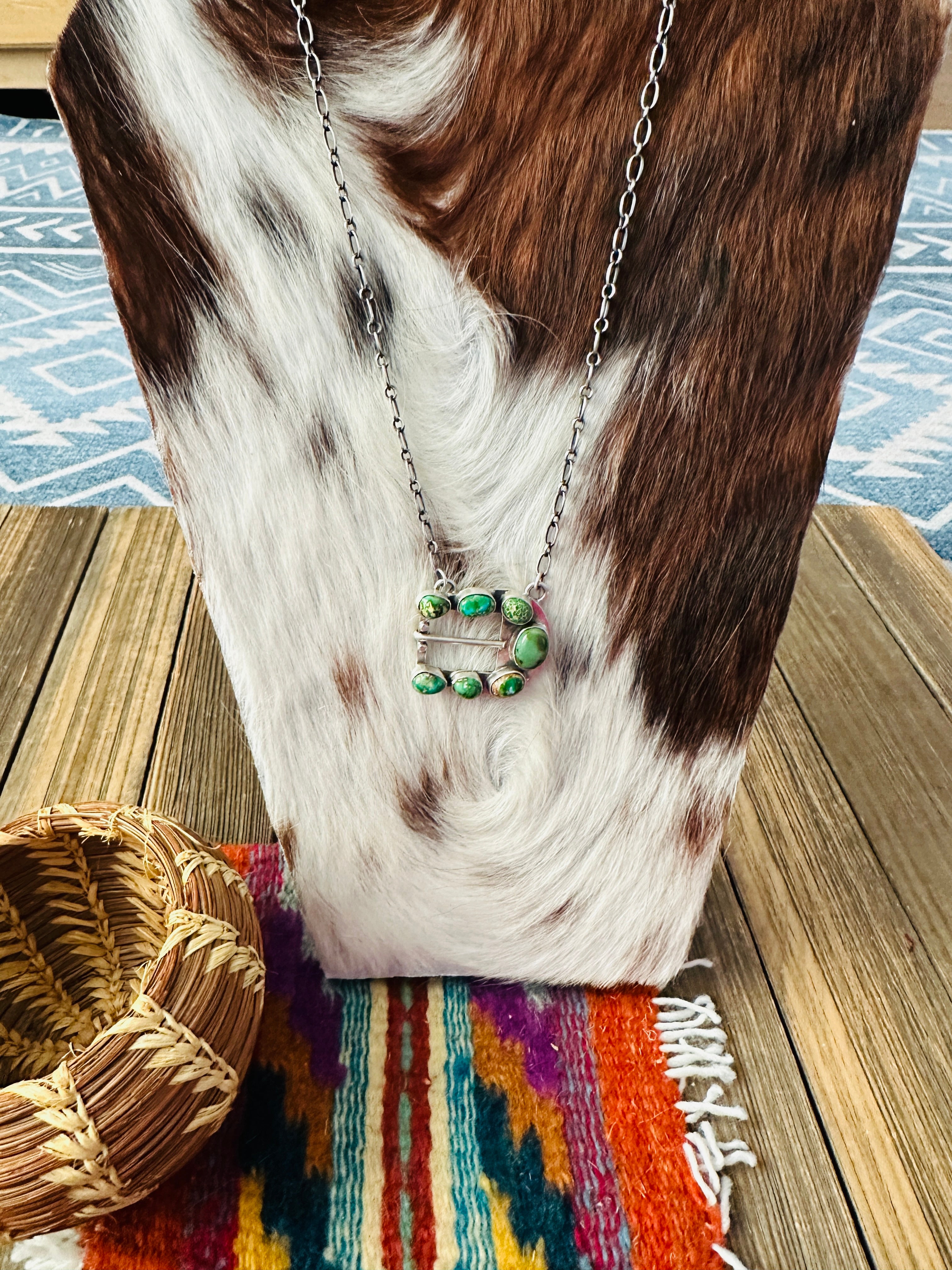 Handcrafted Sonoran Mountain Turquoise & Sterling Silver Belt Buckle Necklace by Russell Sam