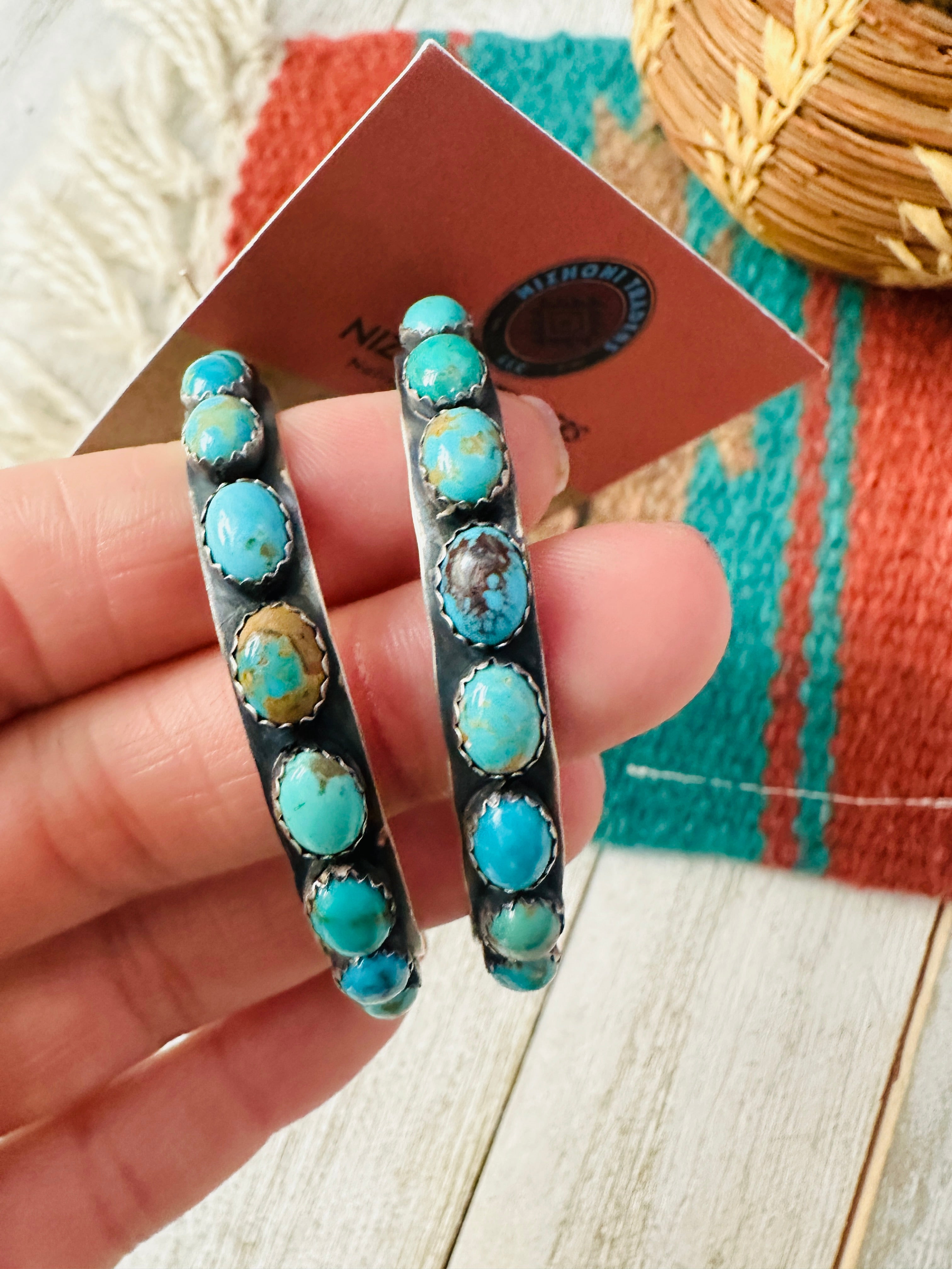 Navajo Turquoise & Sterling Silver Dangle Hoop Earrings by Lerry James