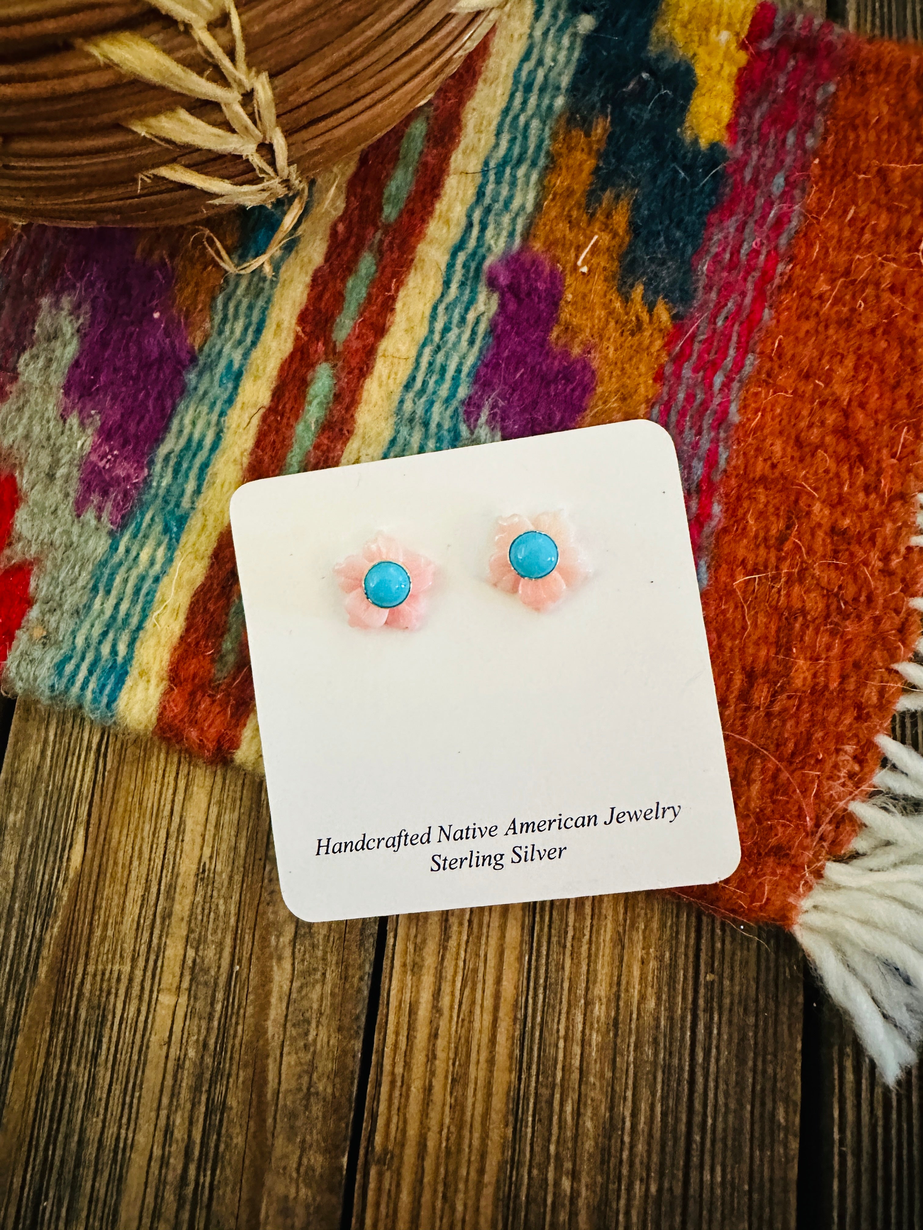 Handcrafted Queen Pink Conch, Turquoise & Sterling Silver Flower Stud Earrings