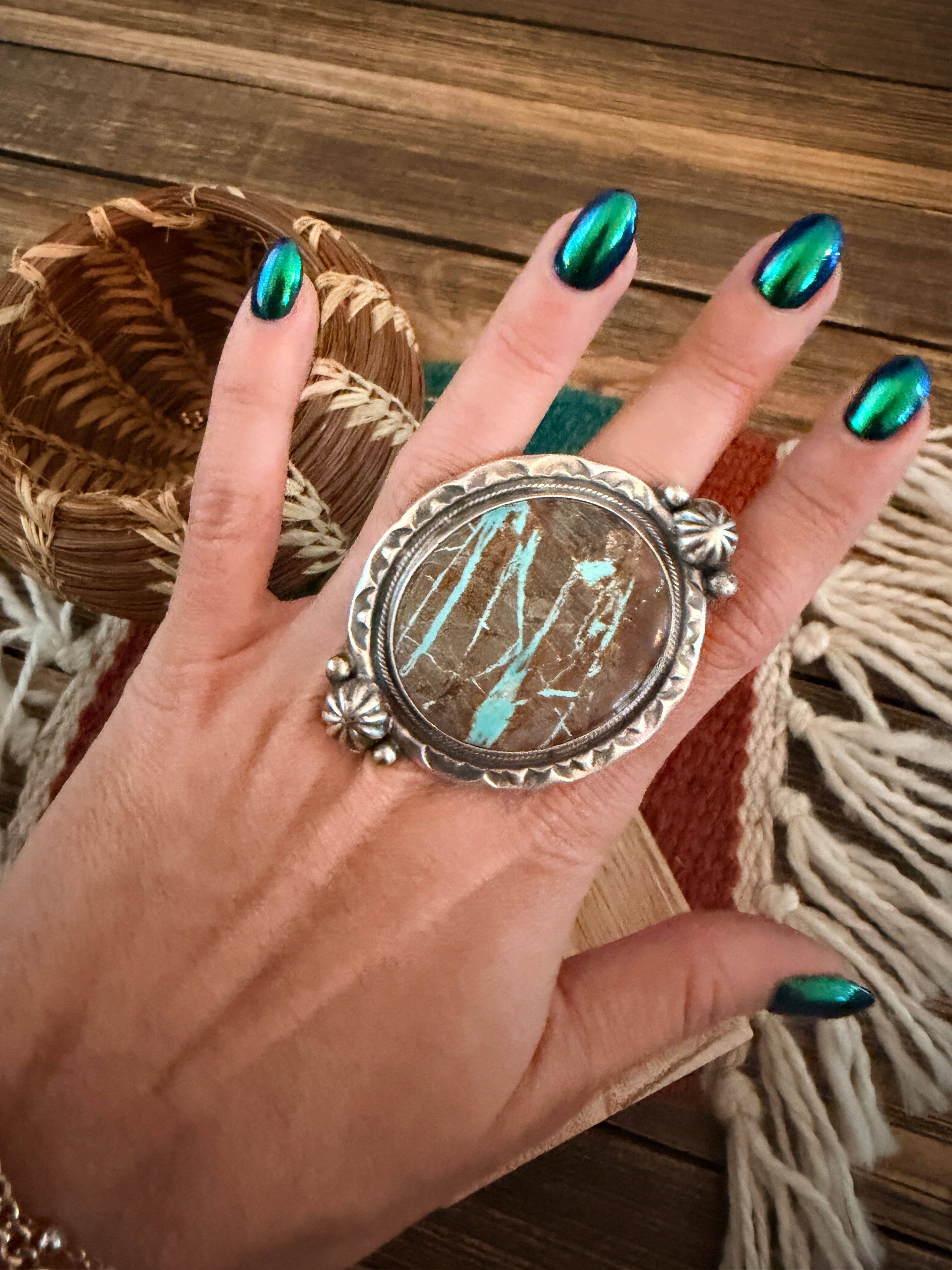 Handcrafted Royston Ribbon Turquoise Sterling Silver Cluster Adjustable Ring