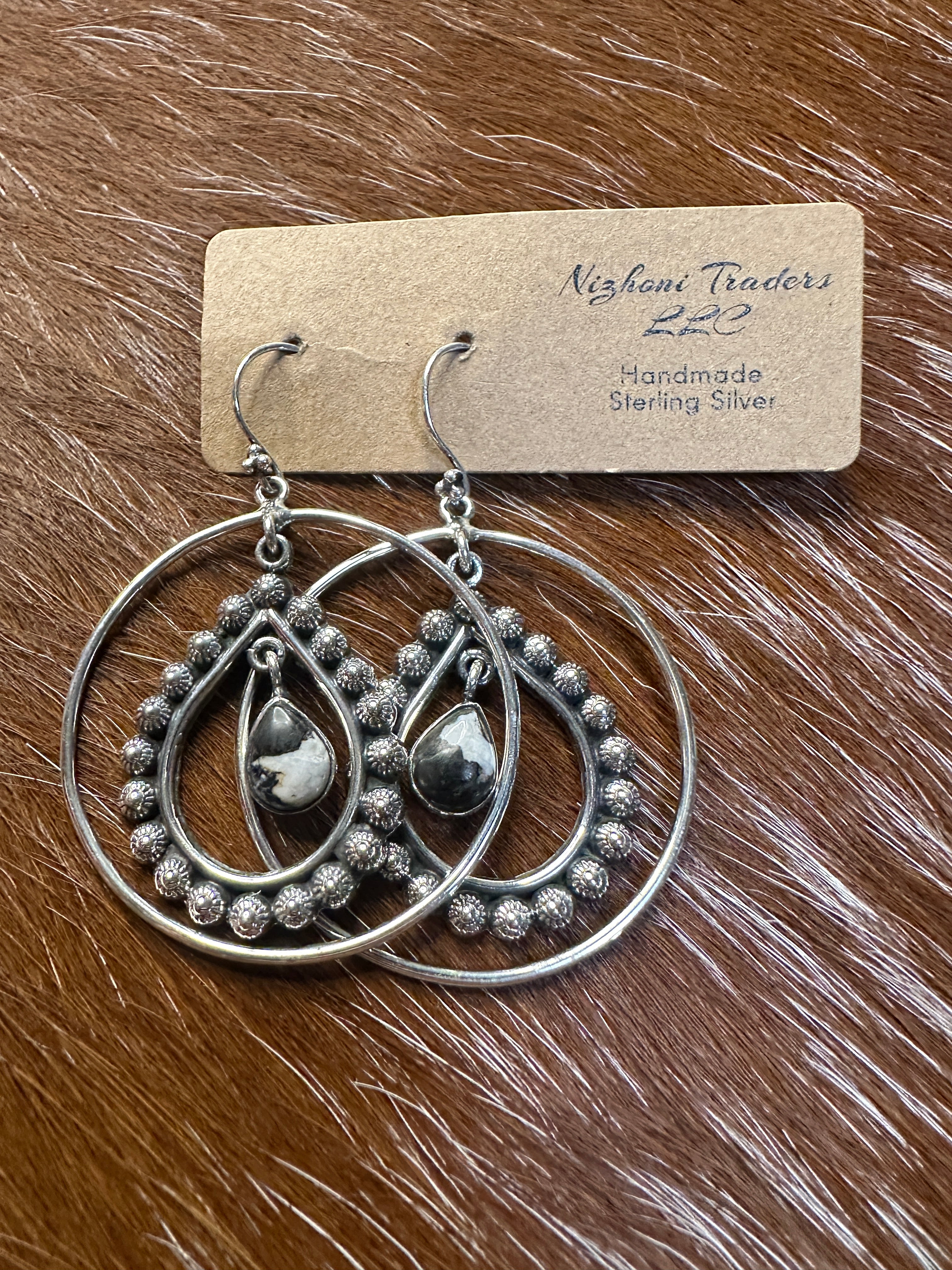 Handmade Sterling Silver Ball & White Buffalo Hoop Earrings