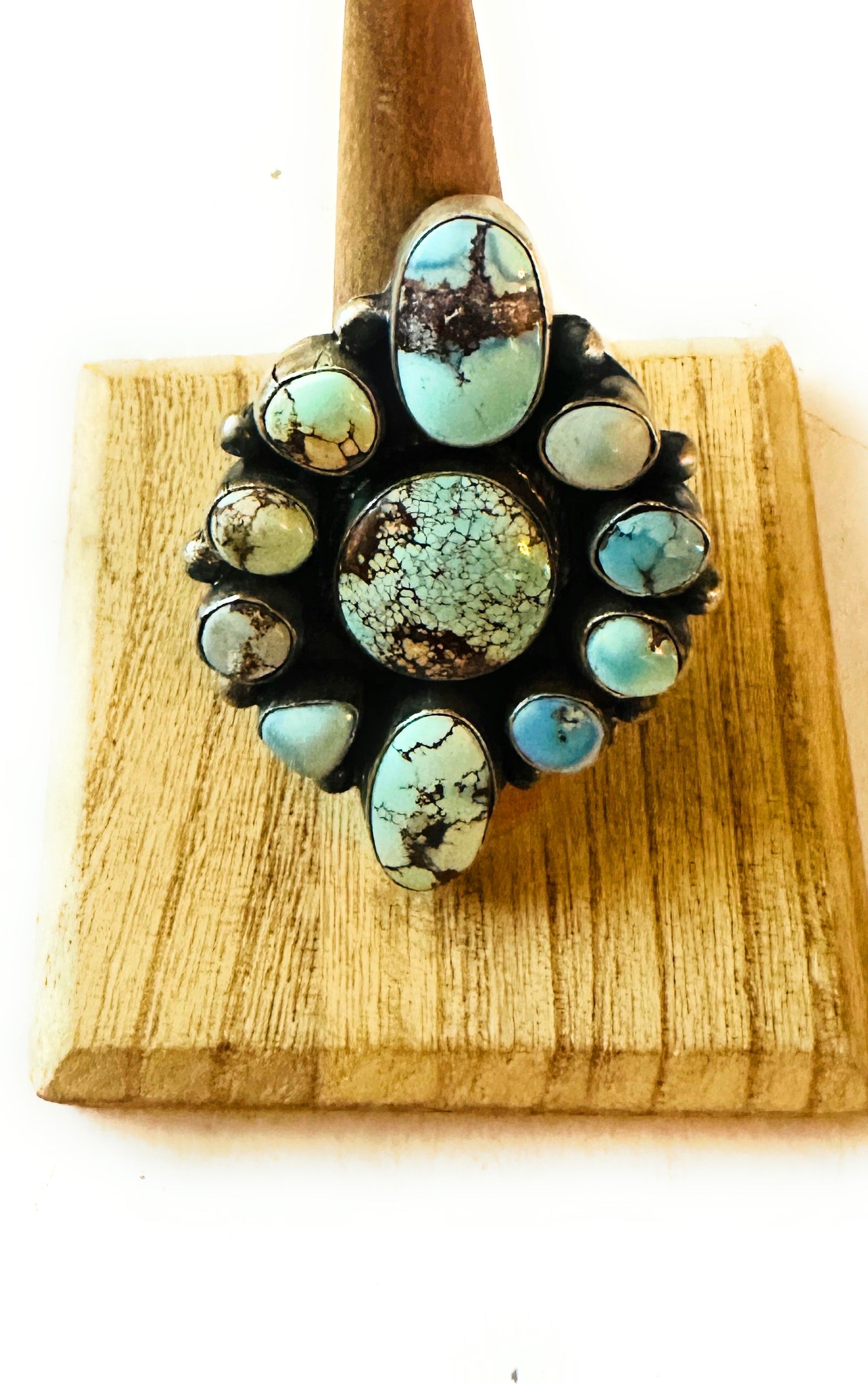 Navajo Golden Hills Turquoise & Sterling Silver Cluster Ring Size 7