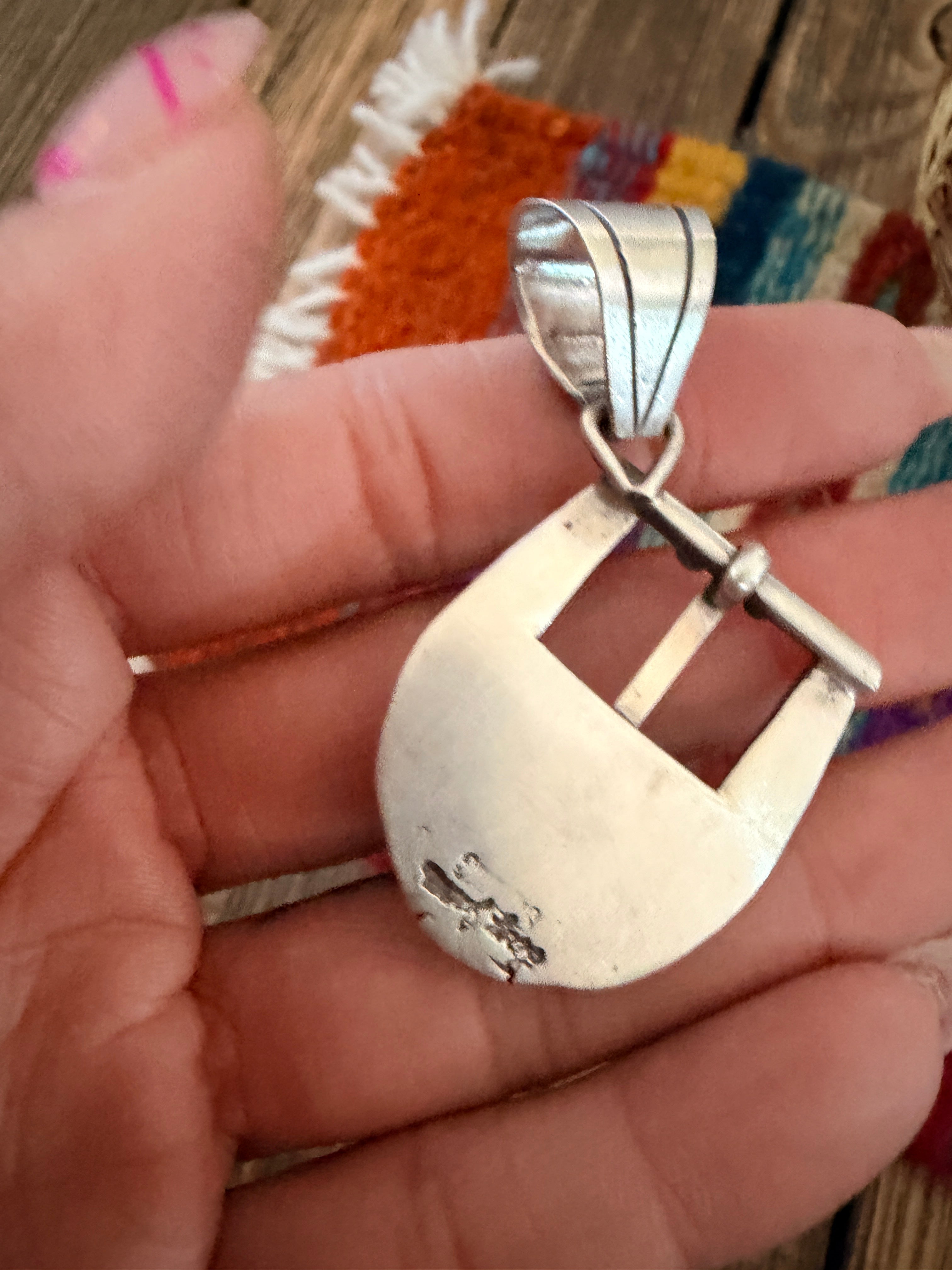 Handcrafted Sterling Silver & Turquoise Belt Buckle Pendant by Leroy James