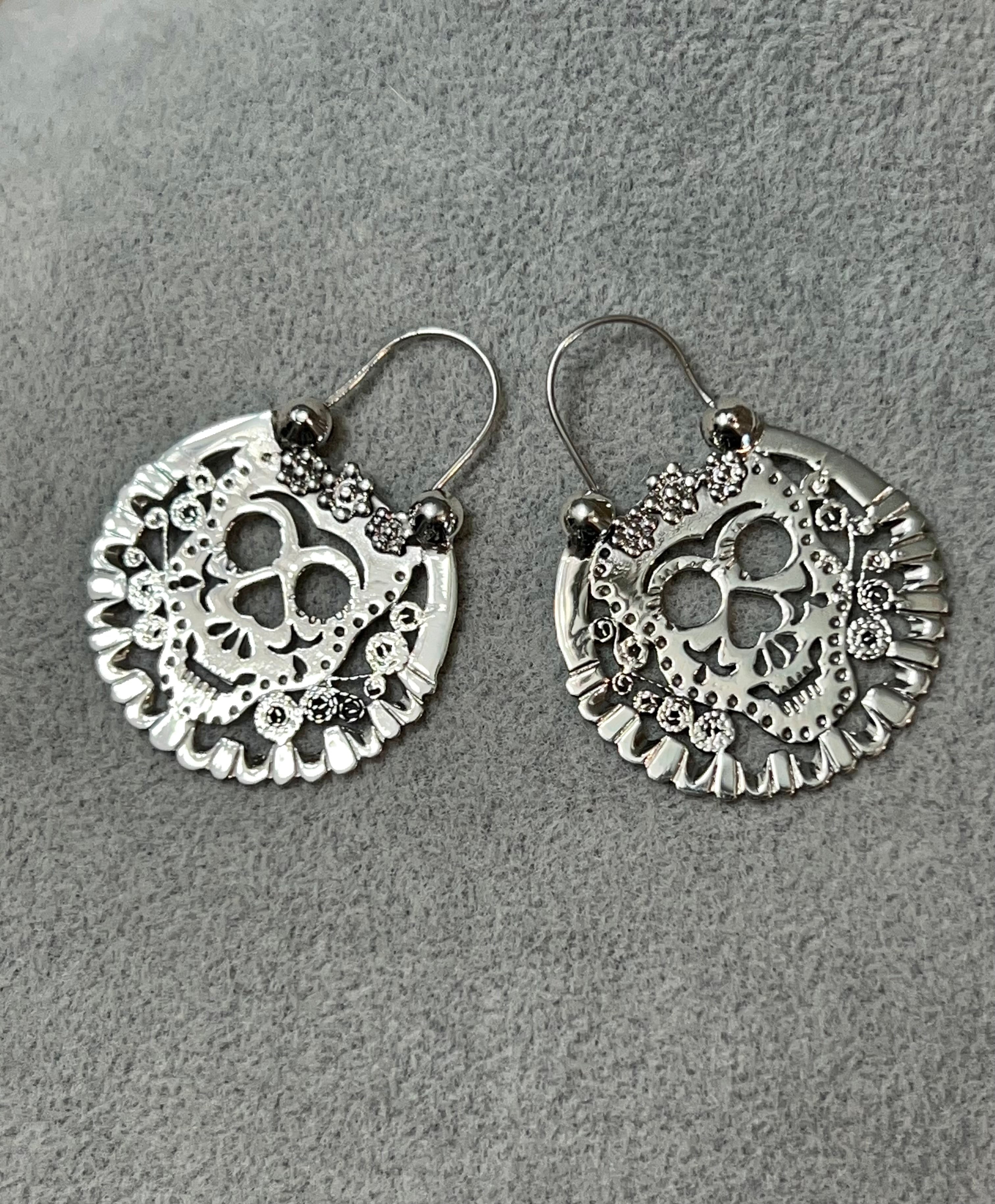 Pierced Sugar Skull on Arc Hook Sterling Silver Earrings