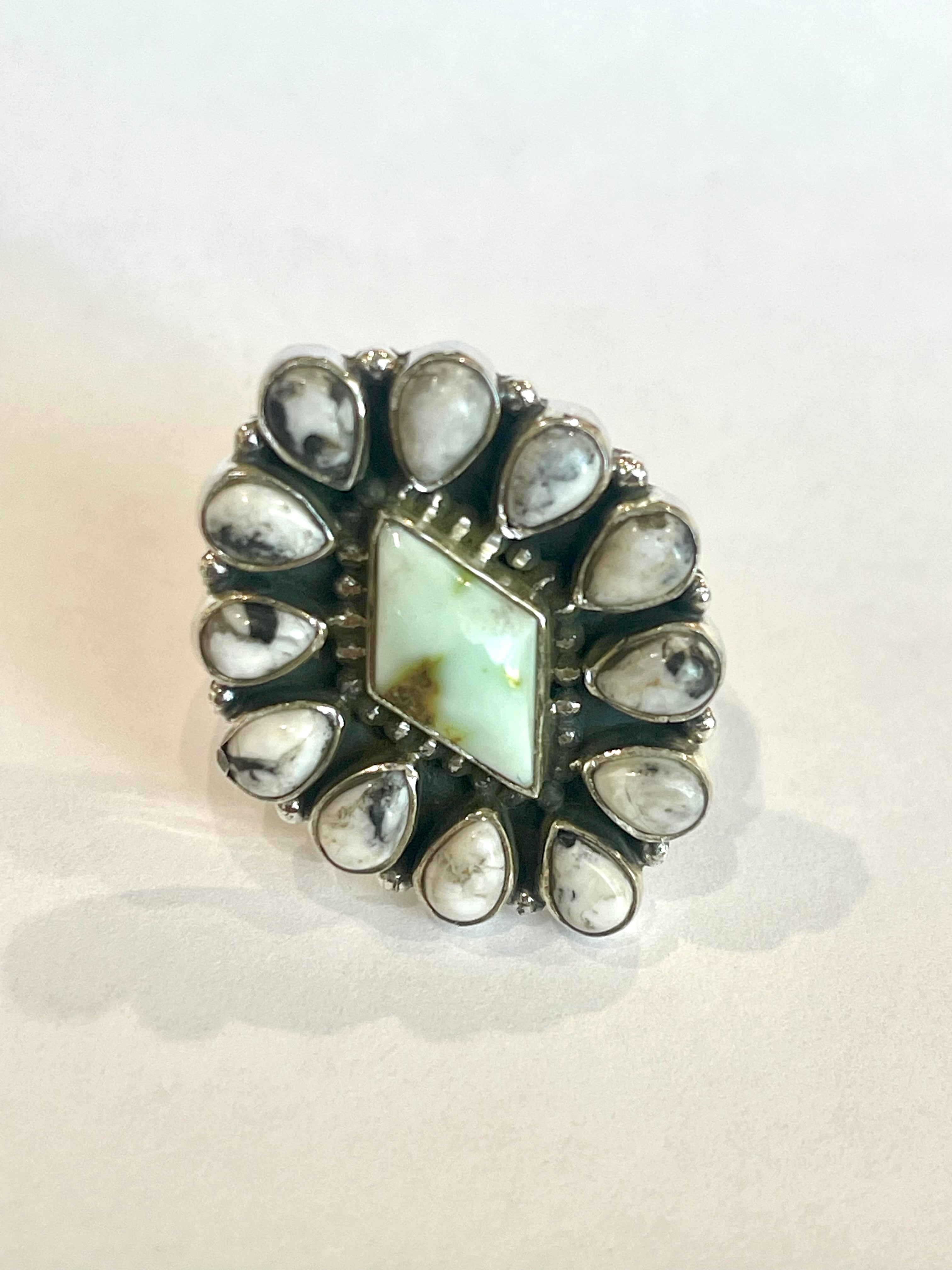 Beautiful Handmade Palomino Variscite, White Buffalo And Sterling Silver Adjustable Ring