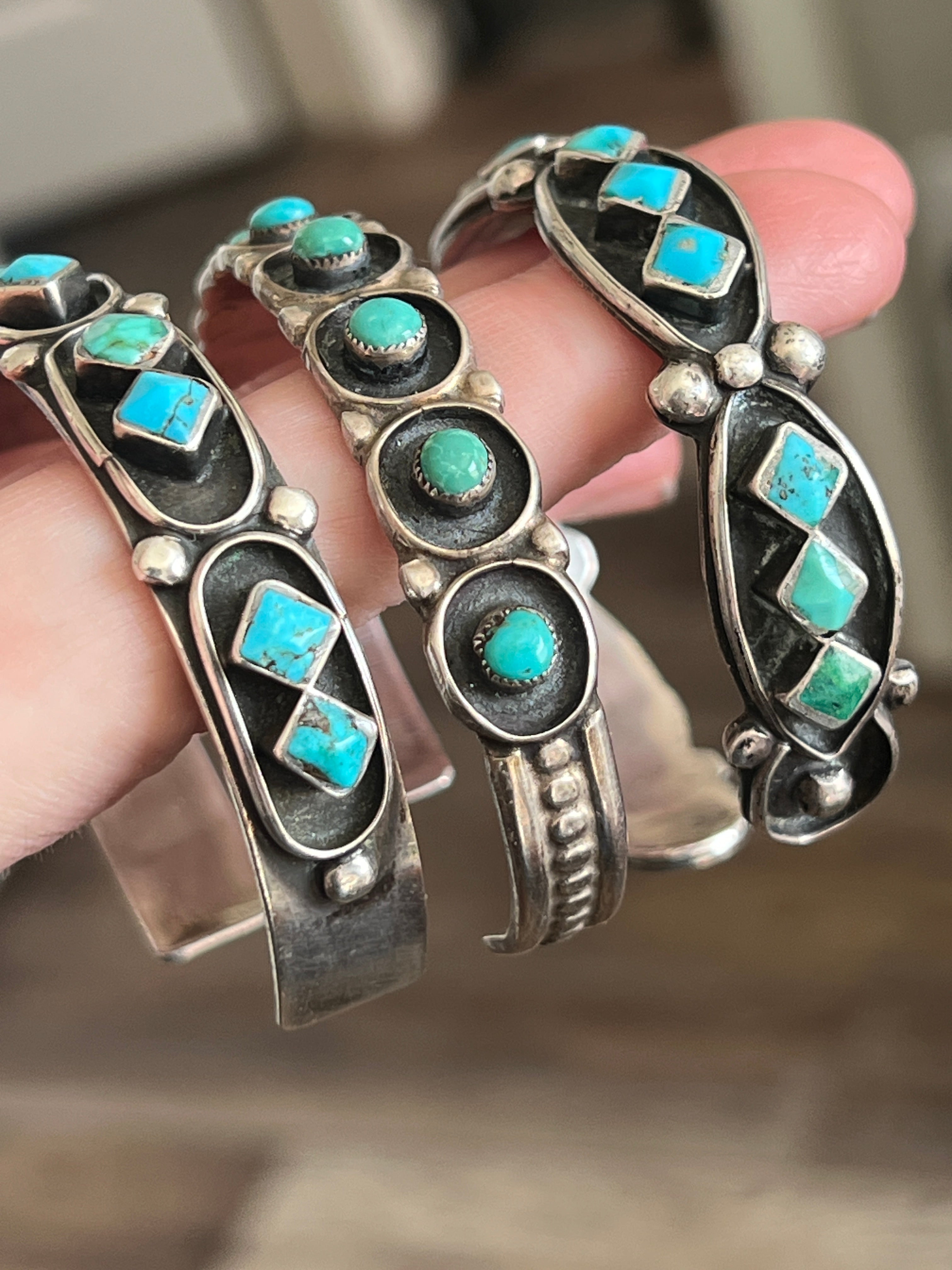 Handcrafted Vintage Sterling Silver and Four Diamond Turquoise Panel Stacker Cuff Bracelet
