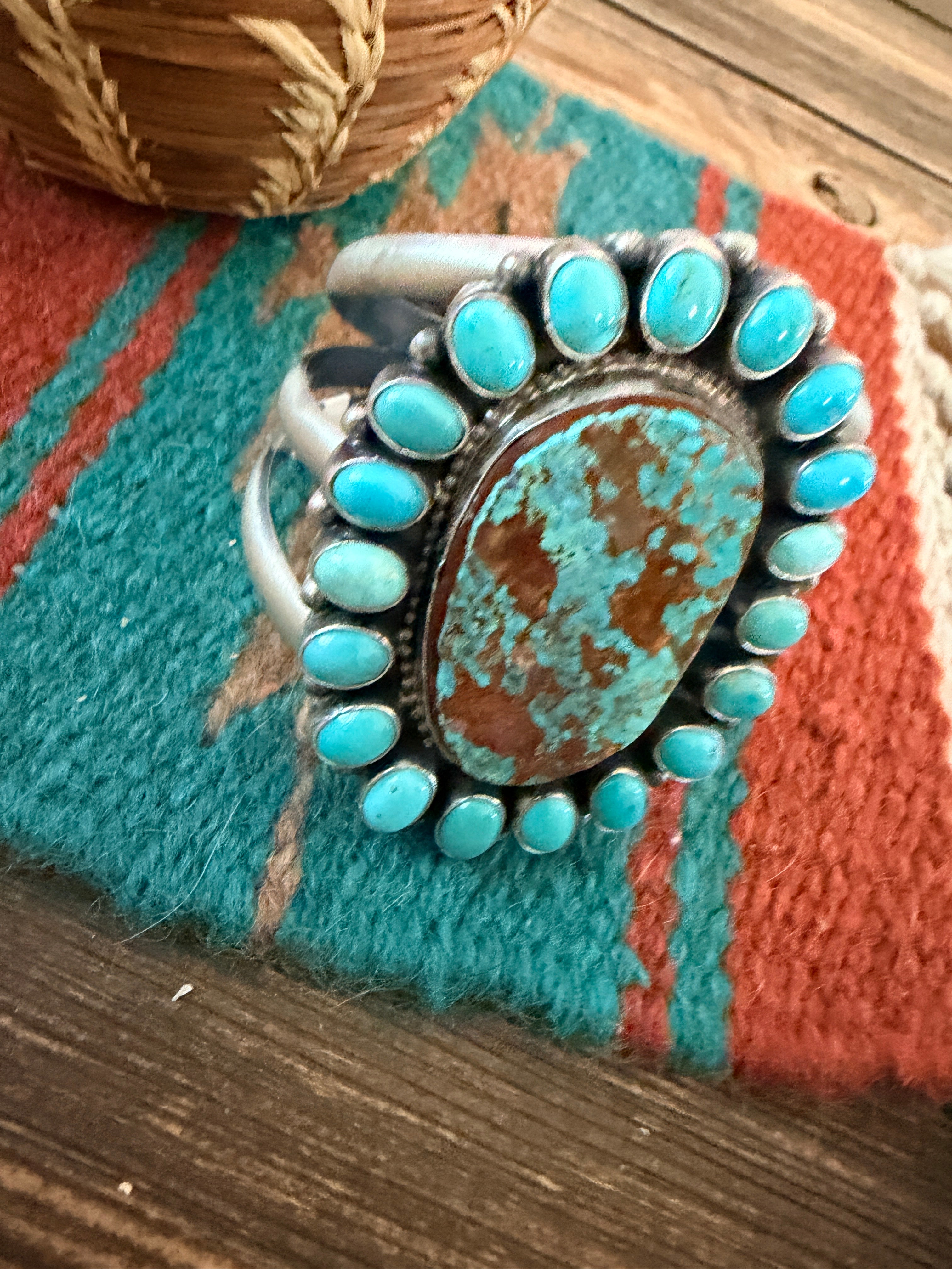 Handcrafted Royston Turquoise & Sterling Silver Cluster Cuff Bracelet by Bobby Johnson