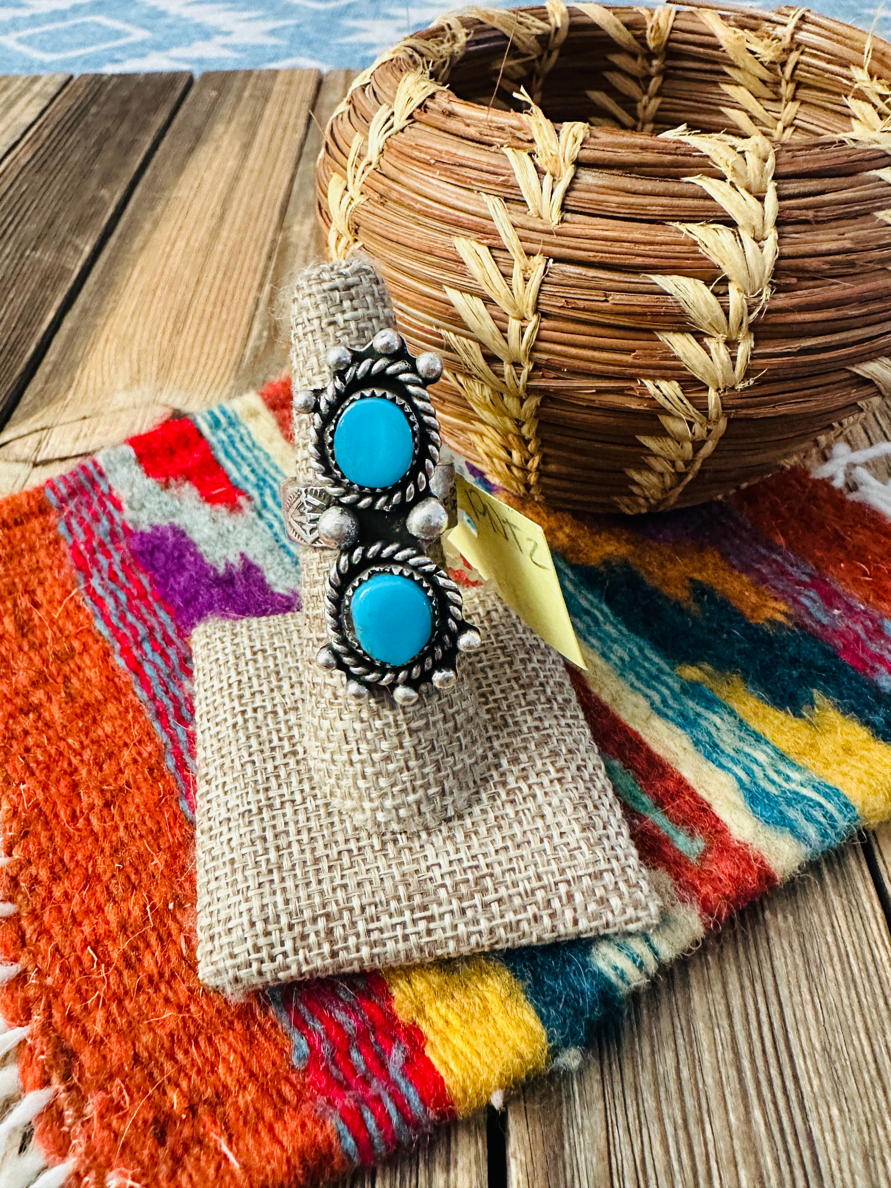 Old Pawn Handcrafted Turquoise & Sterling Silver Ring Size 8