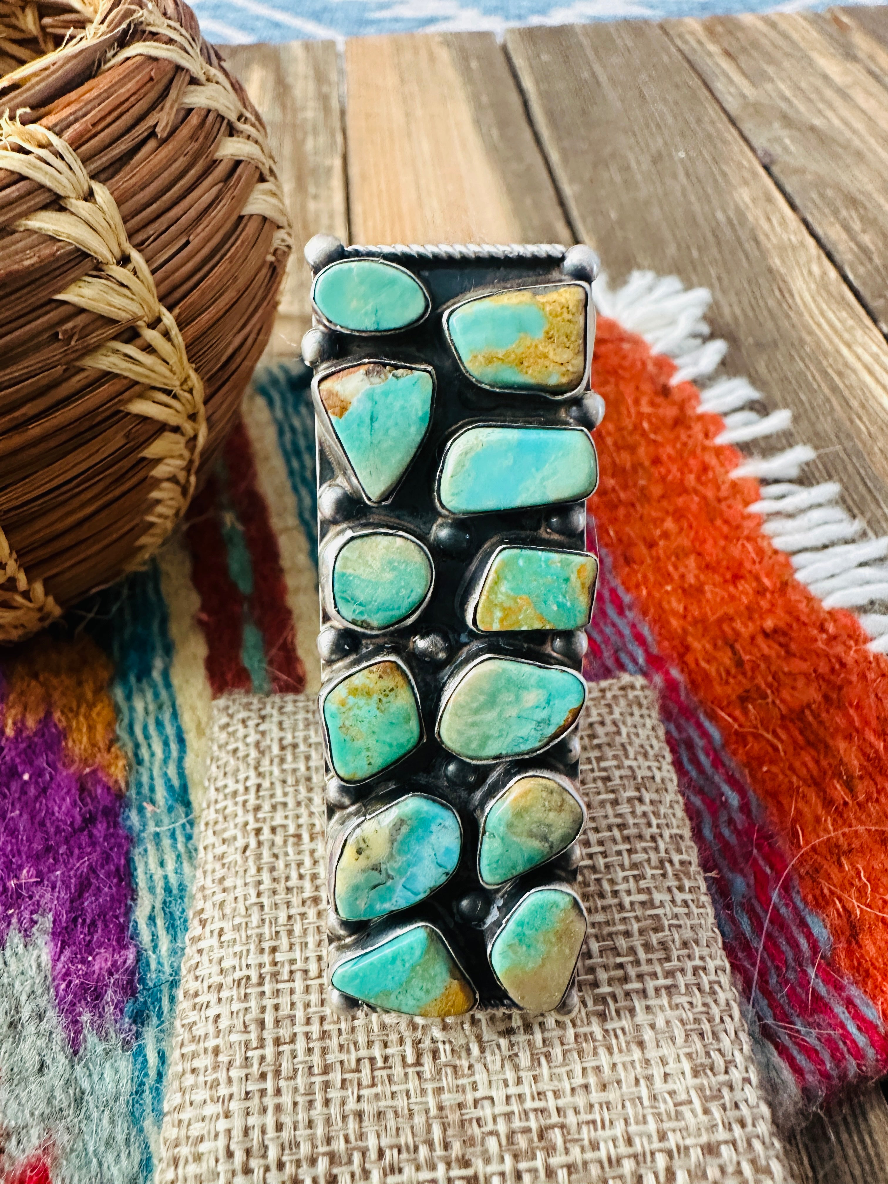 Handcrafted Royston Turquoise Sterling Silver Cluster Adjustable Ring by Jacqueline Silver