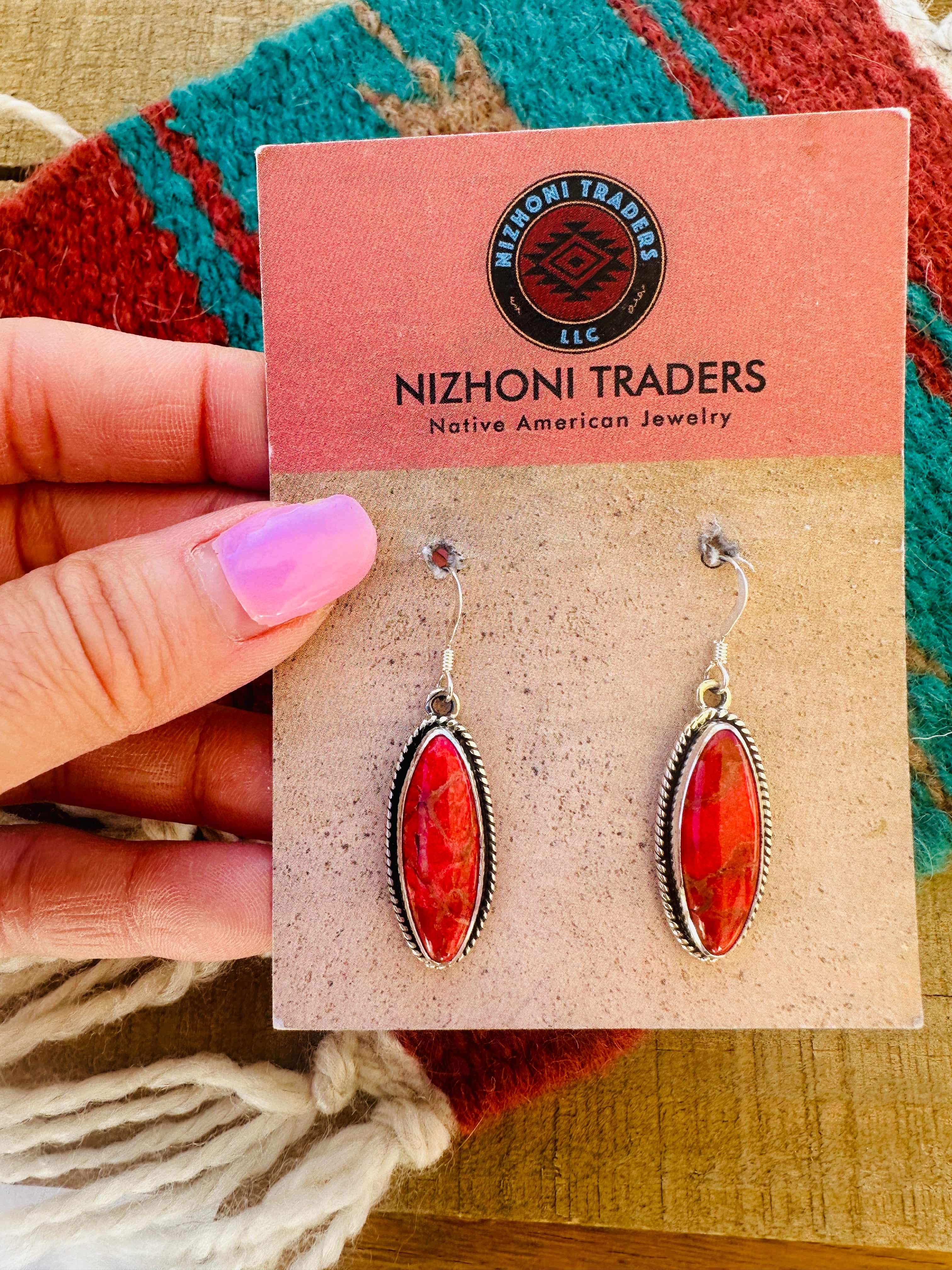 Navajo Sterling Silver Apple Coral Dangle Earrings