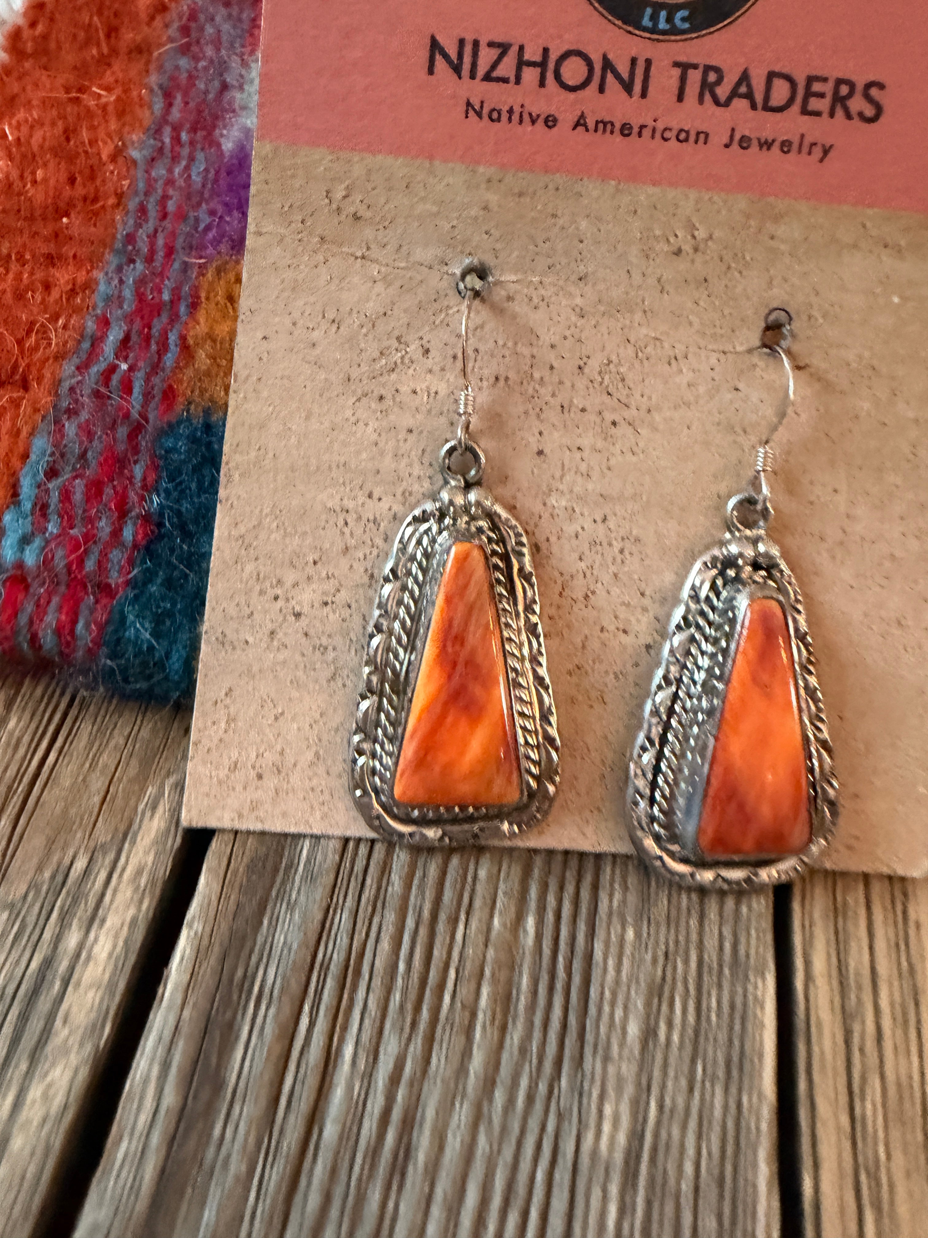 Handcrafted Orange Spiny And Sterling Silver Dangle Earrings