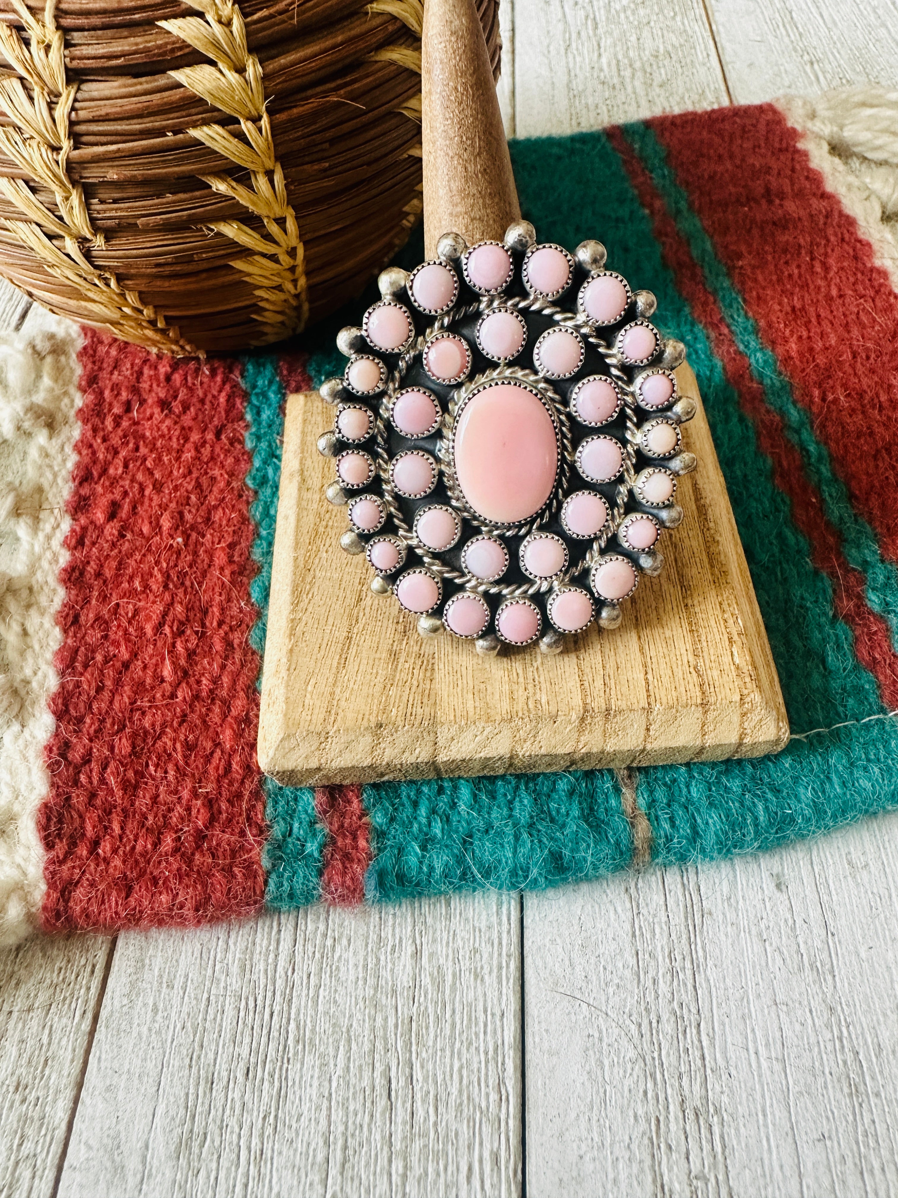 Navajo Sterling Silver & Queen Pink Conch Cluster Adjustable Ring