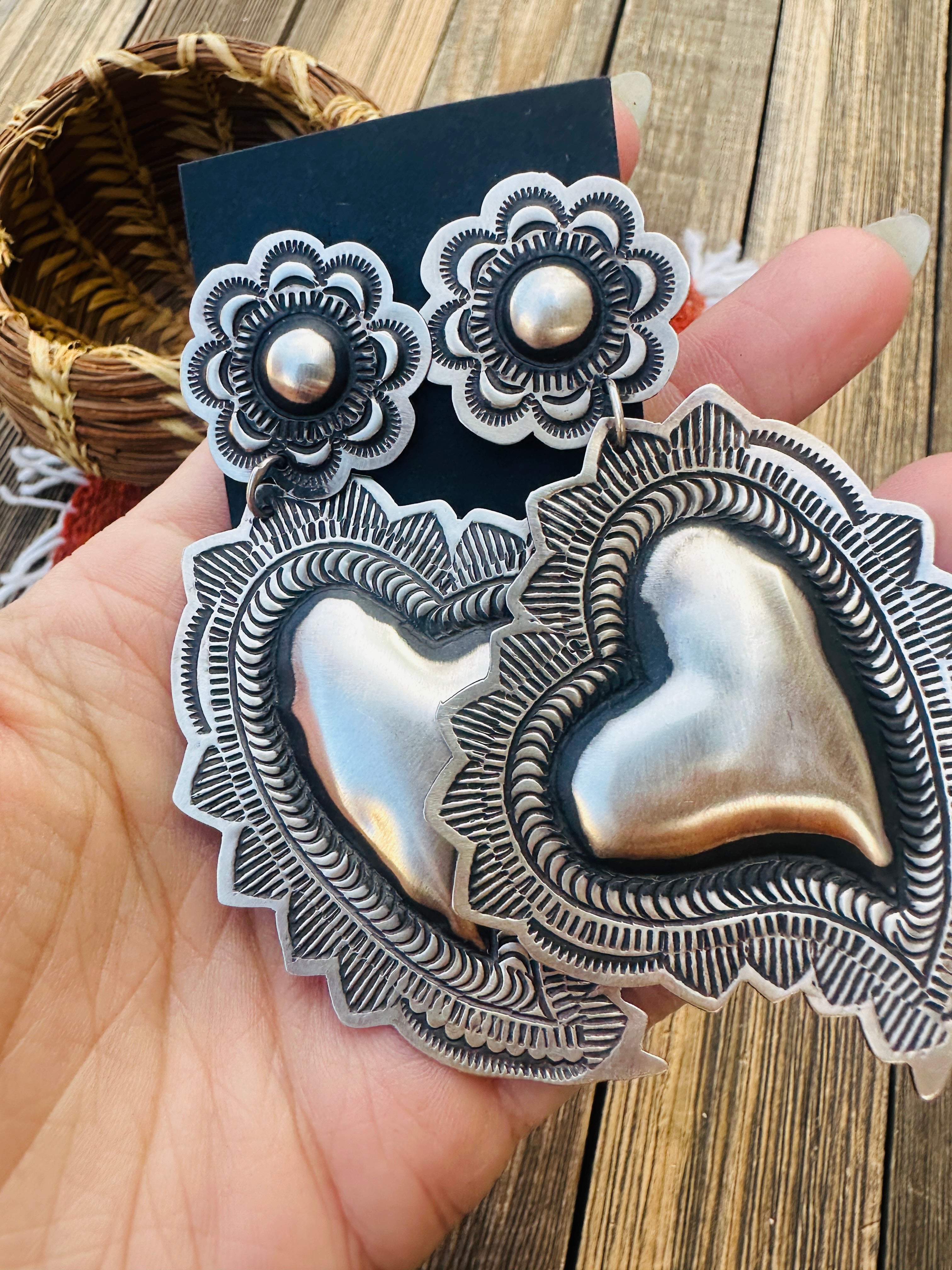 Handcrafted Sterling Silver Concho Heart Dangle Earrings by Leander Tahe