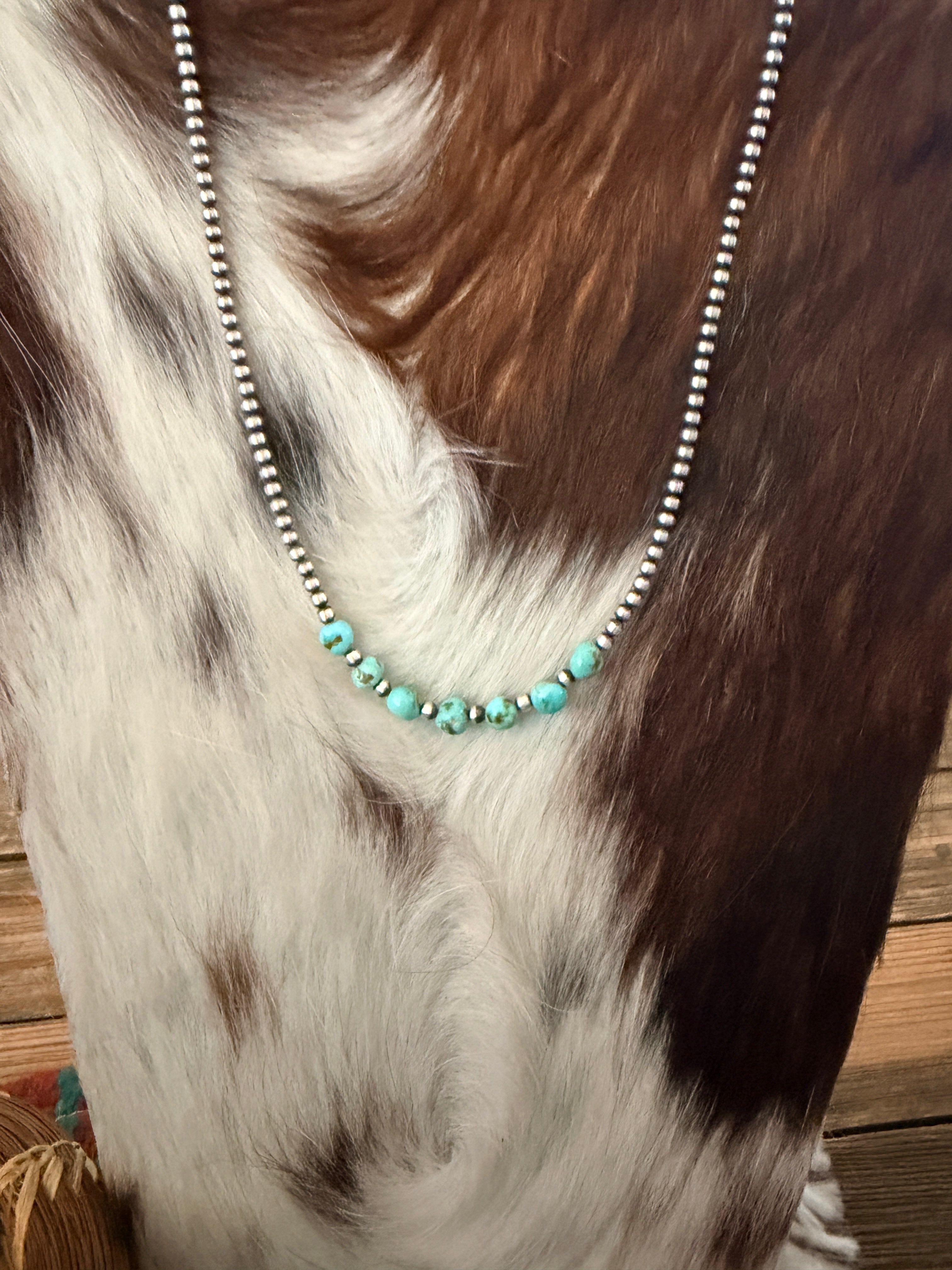 Handcrafted Turquoise & 3mm Sterling Silver Pearl Beaded Necklace