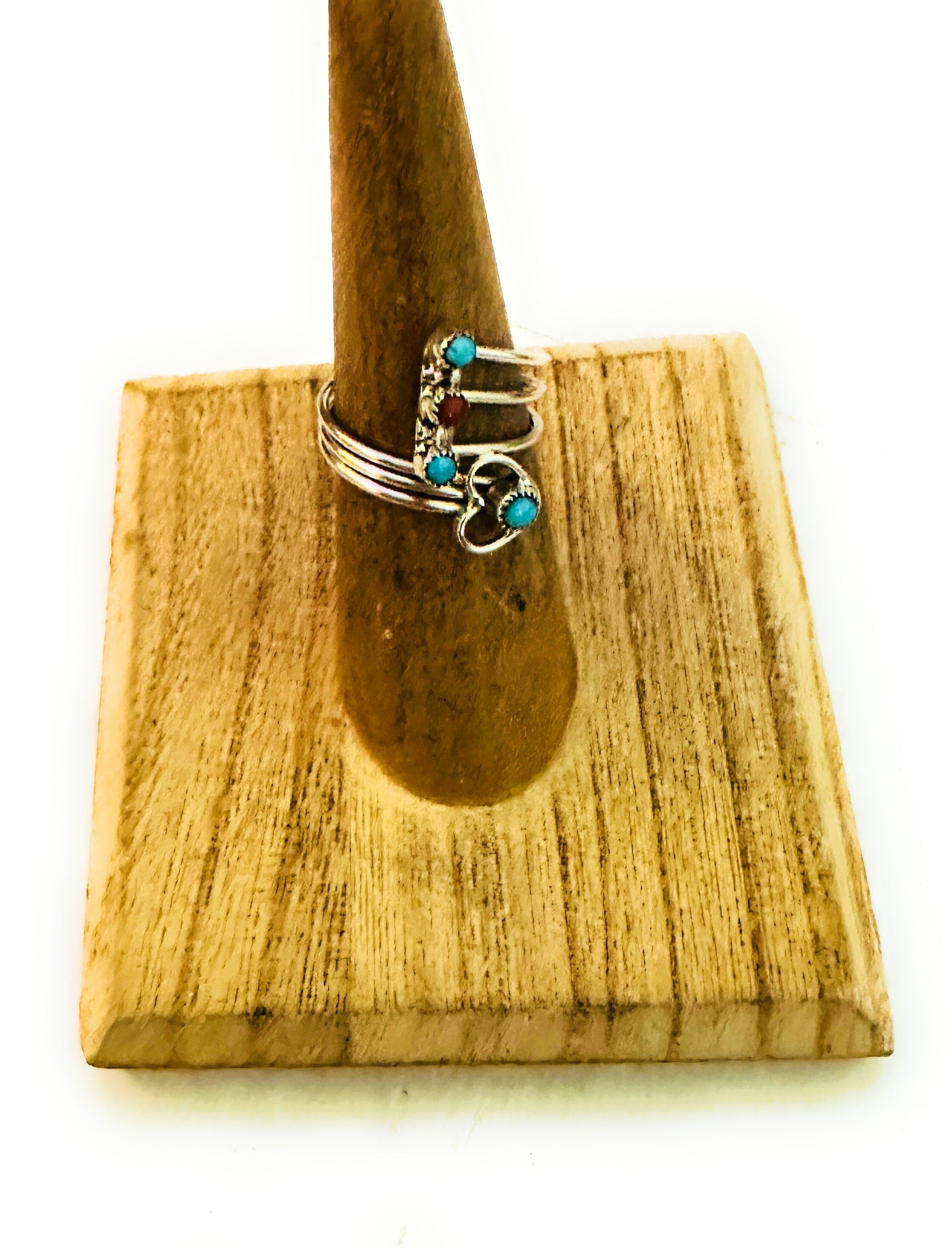 Zuni Turquoise, Coral & Sterling Silver Heart Adjustable Ring