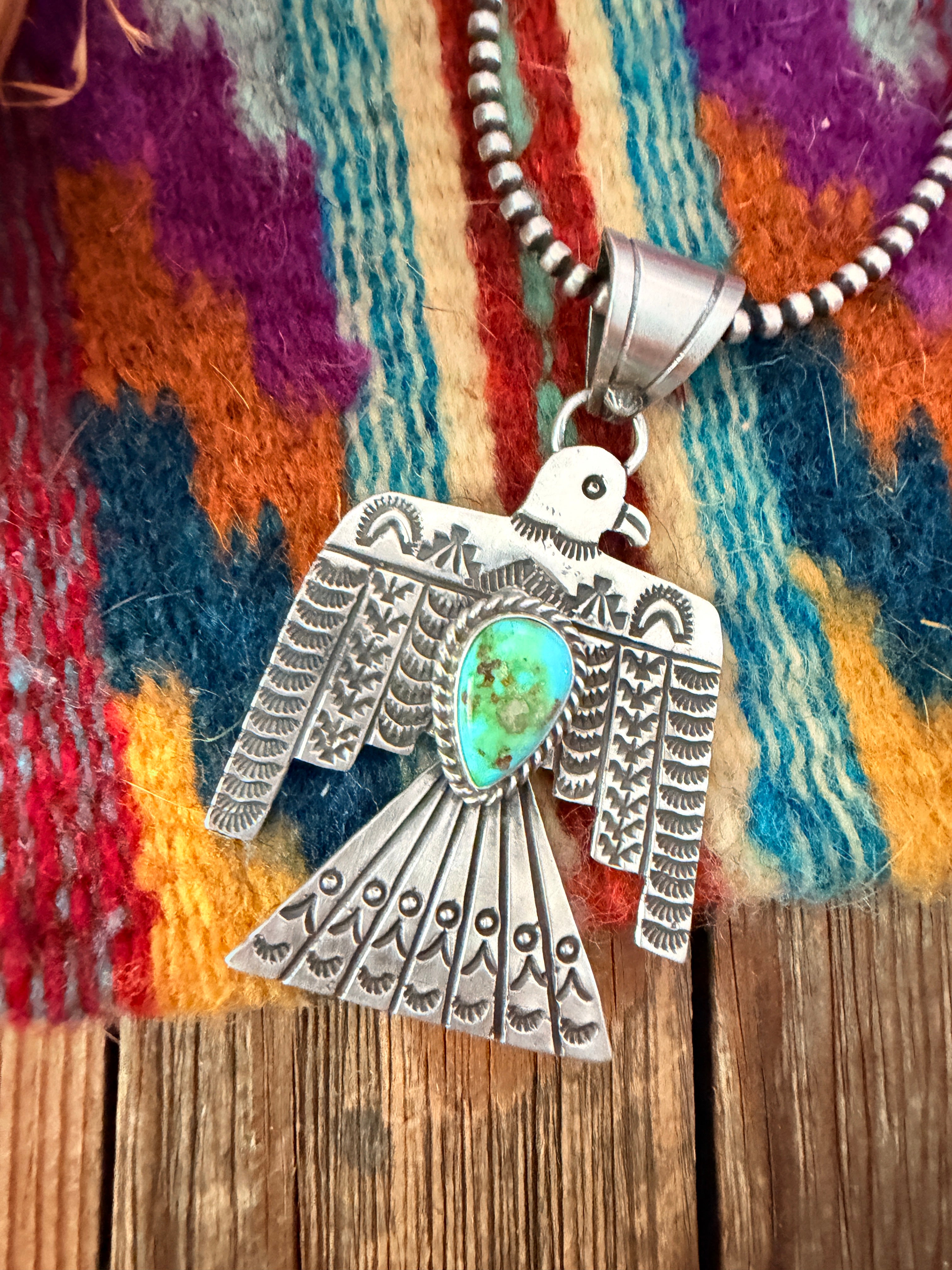 Handcrafted Sterling Silver & Turquoise Thunderbird Pendant by Leroy James