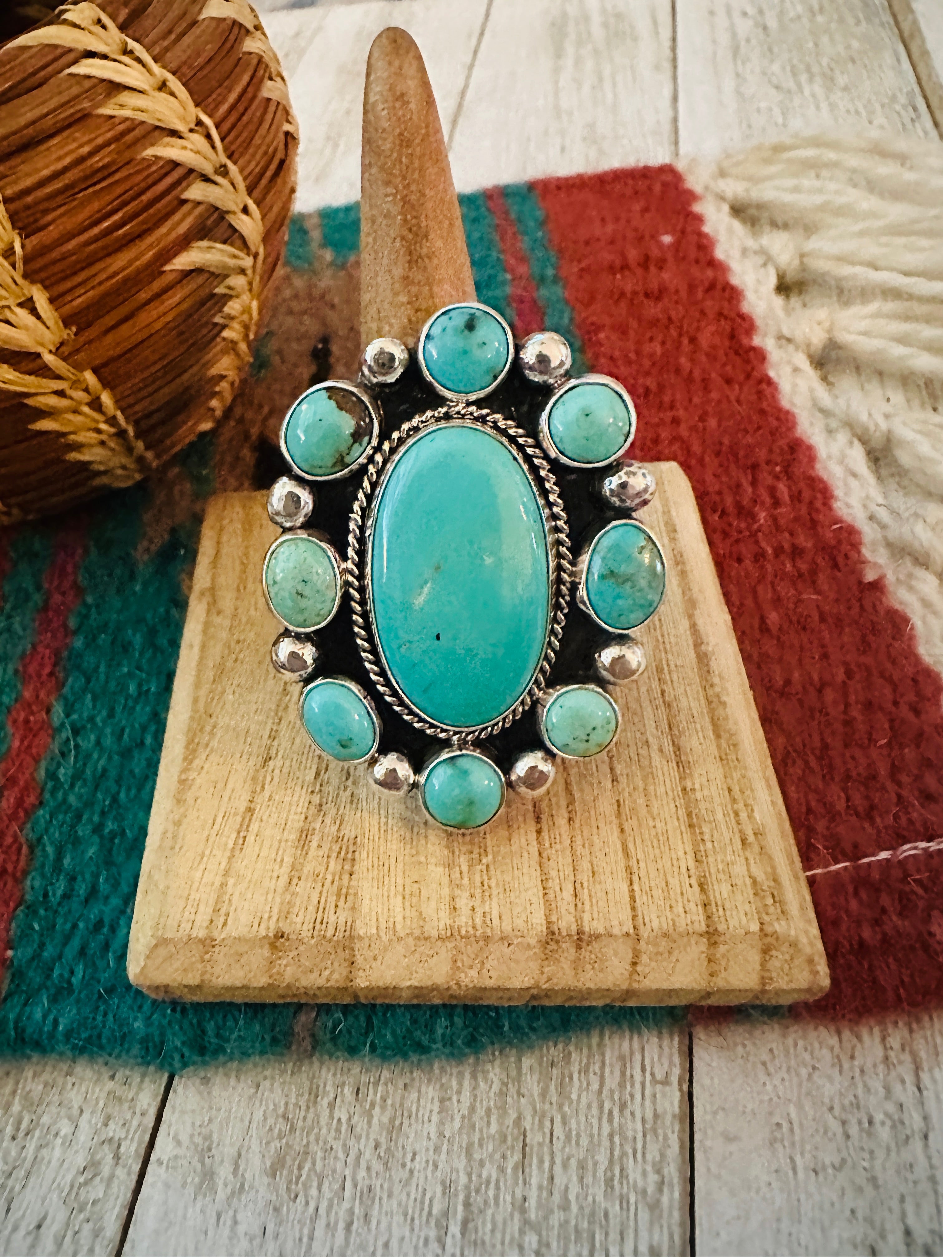 Navajo Sterling Silver & Turquoise Cluster Adjustable Ring