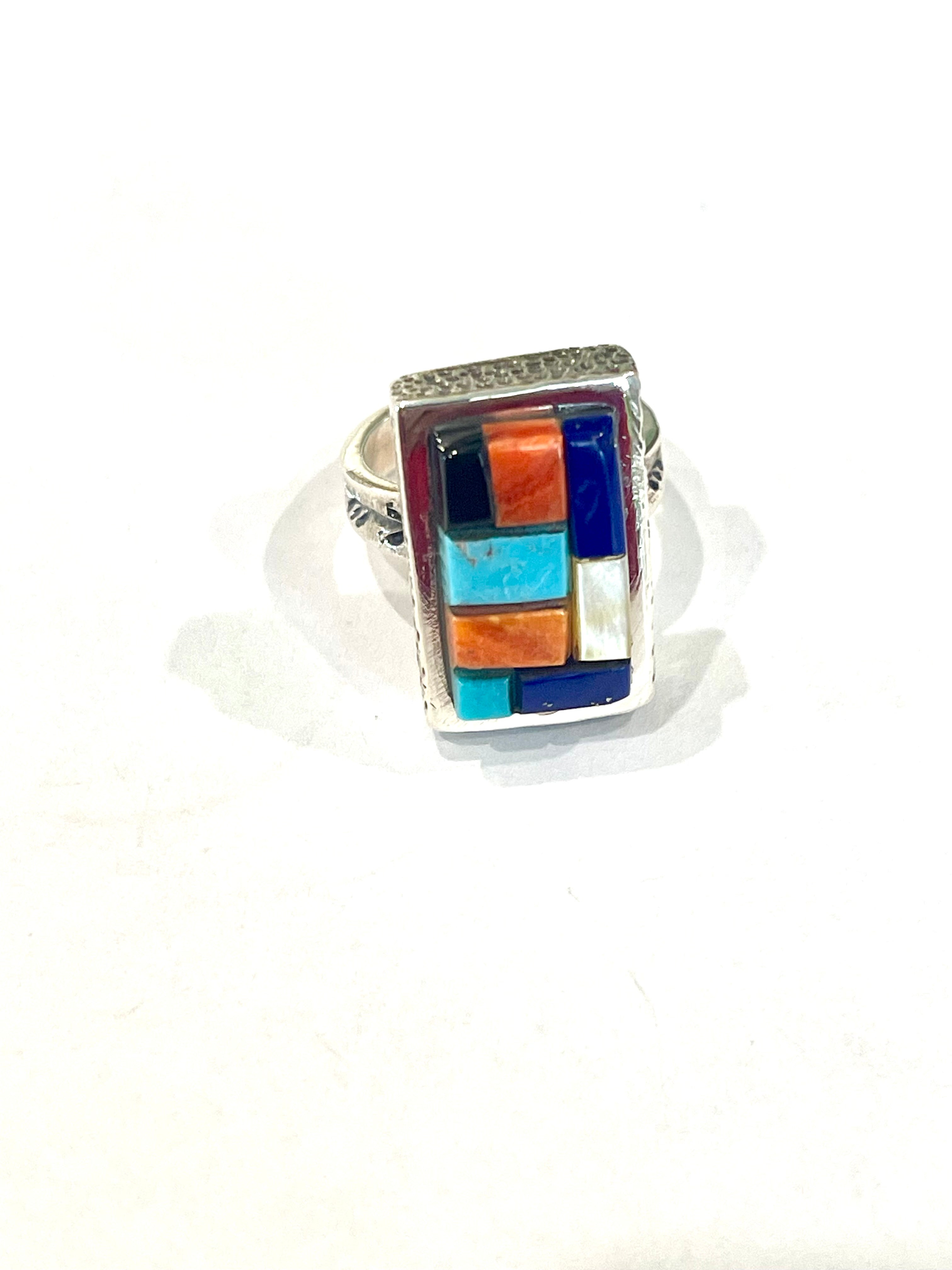 Handmade Sterling Silver & Multi Stone Inlay Ring Size 6.25