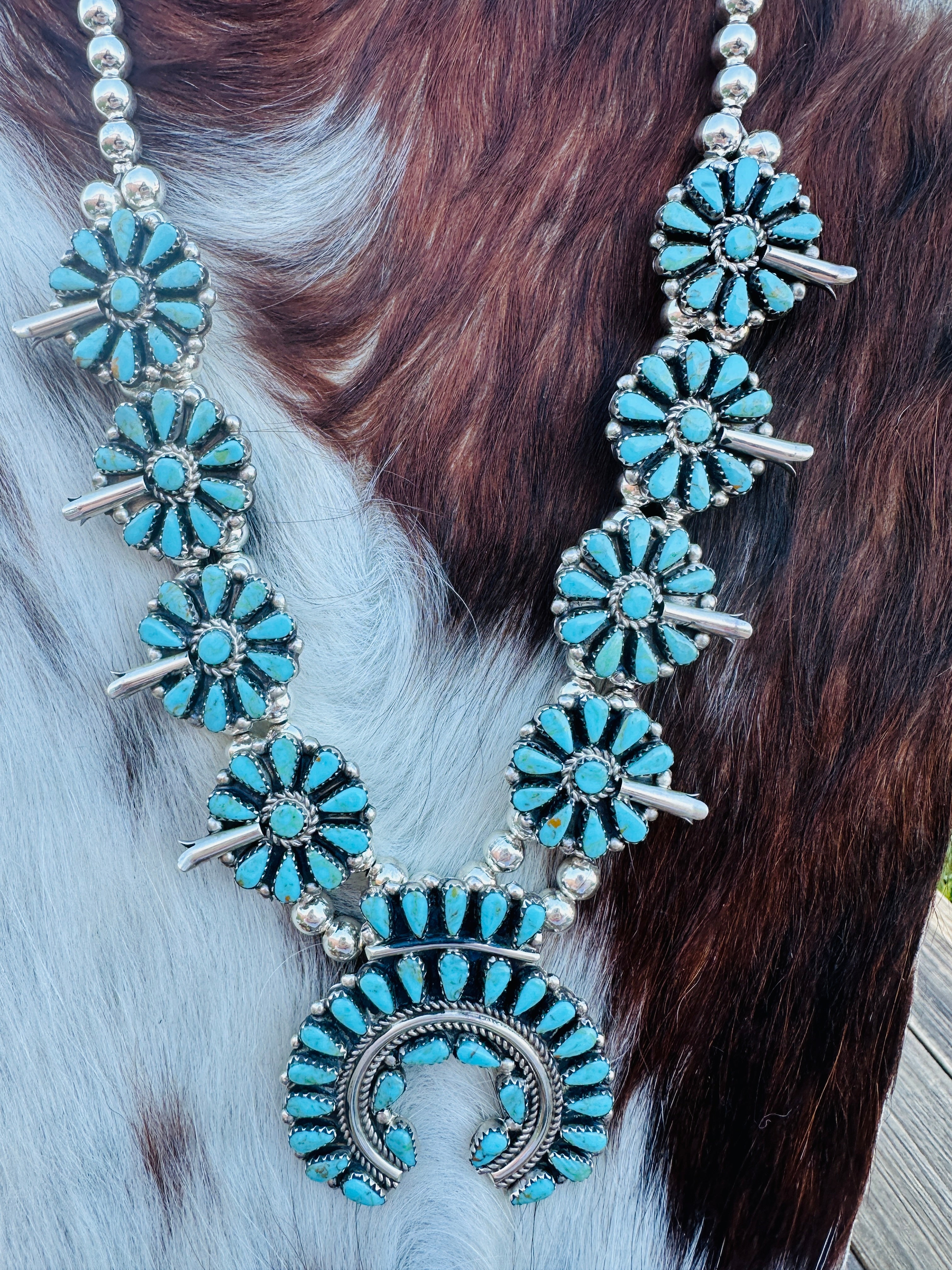 Old Pawn Handcrafted Turquoise & Sterling Silver Squash Blossom Necklace