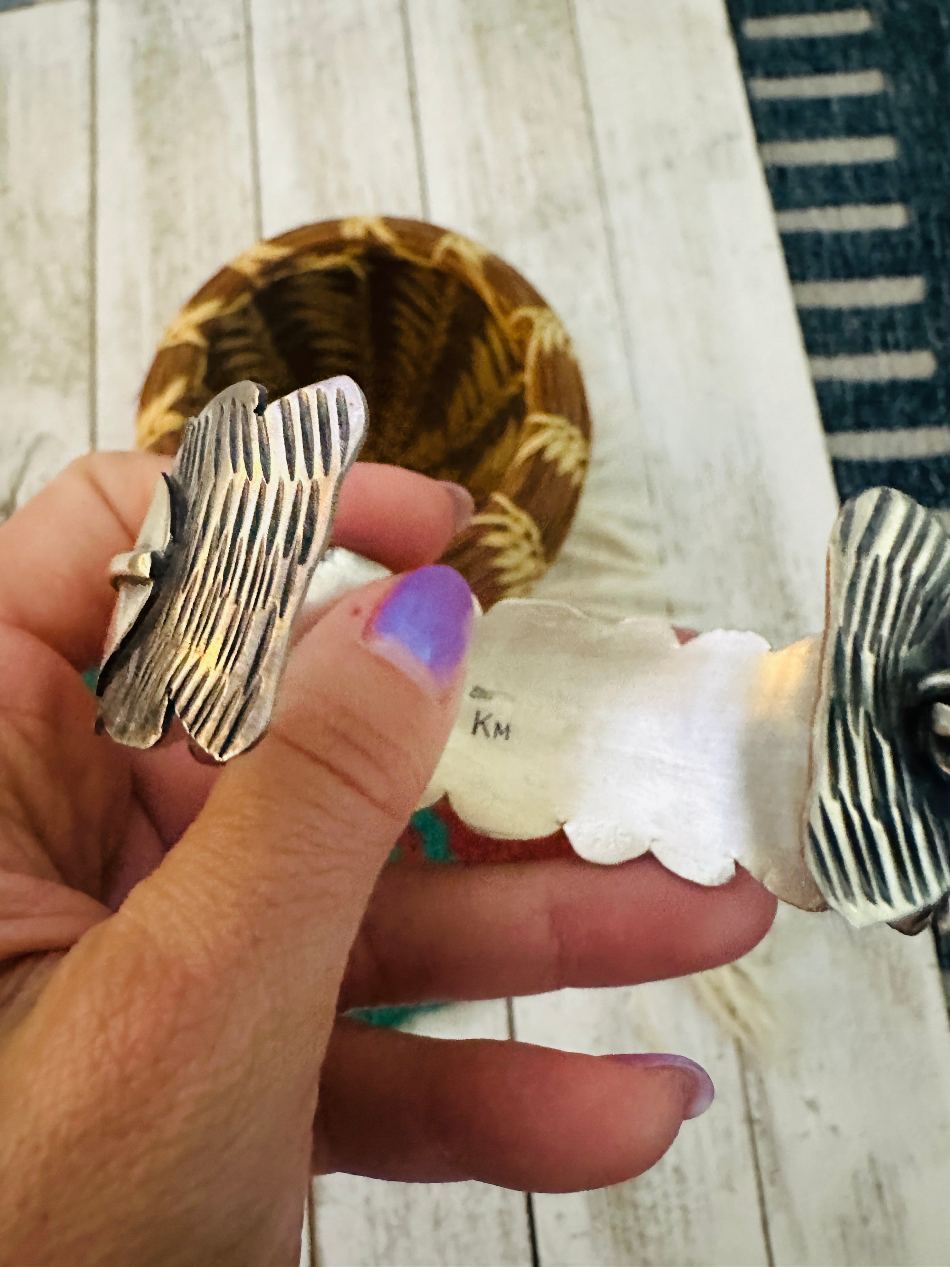 Navajo Hand Stamped Sterling Silver Feather Cuff Bracelet