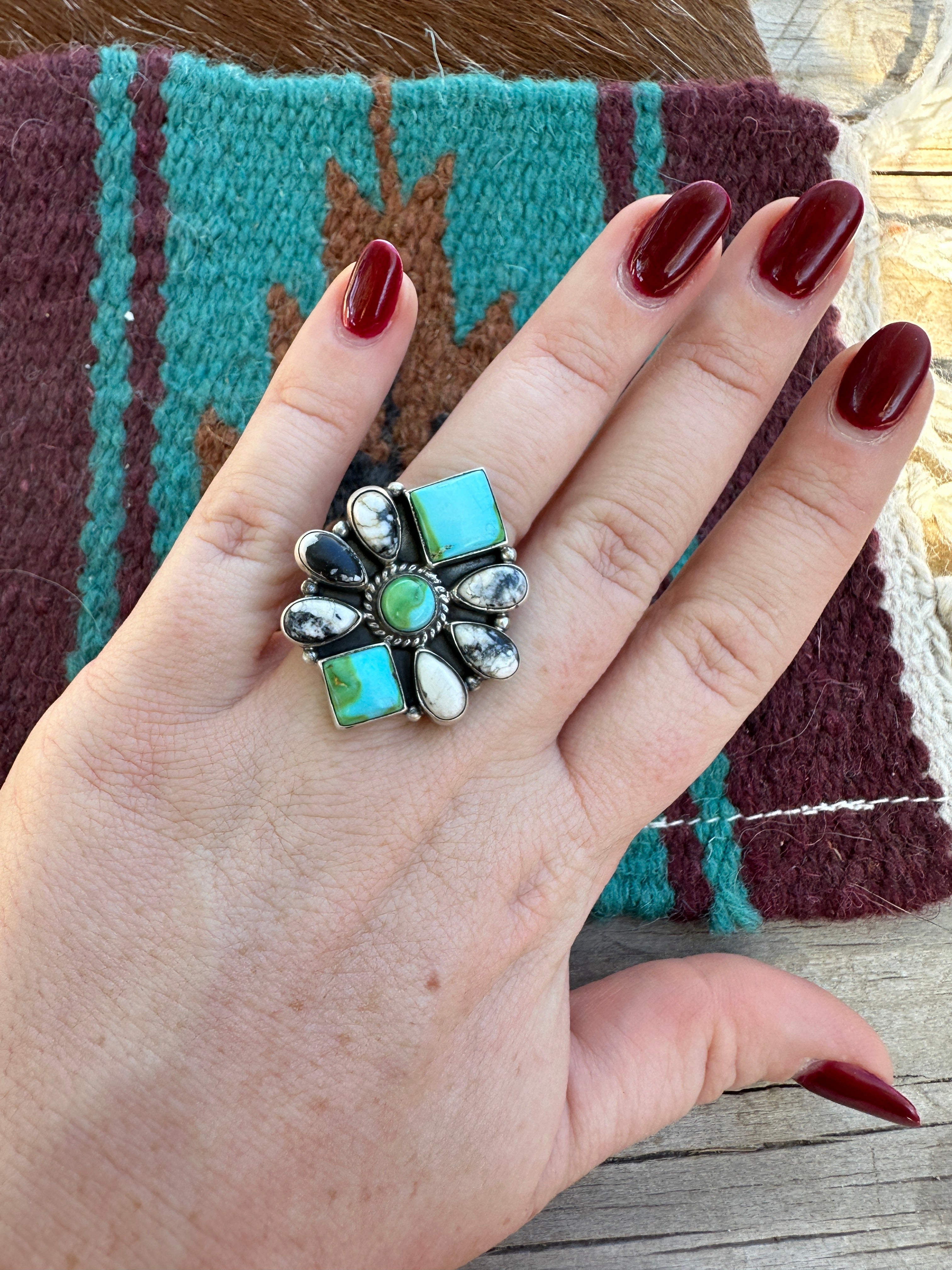 Handmade White Buffalo, Sonoran Mountain Turquoise & Sterling Silver Adjustable Ring Signed Nizhoni