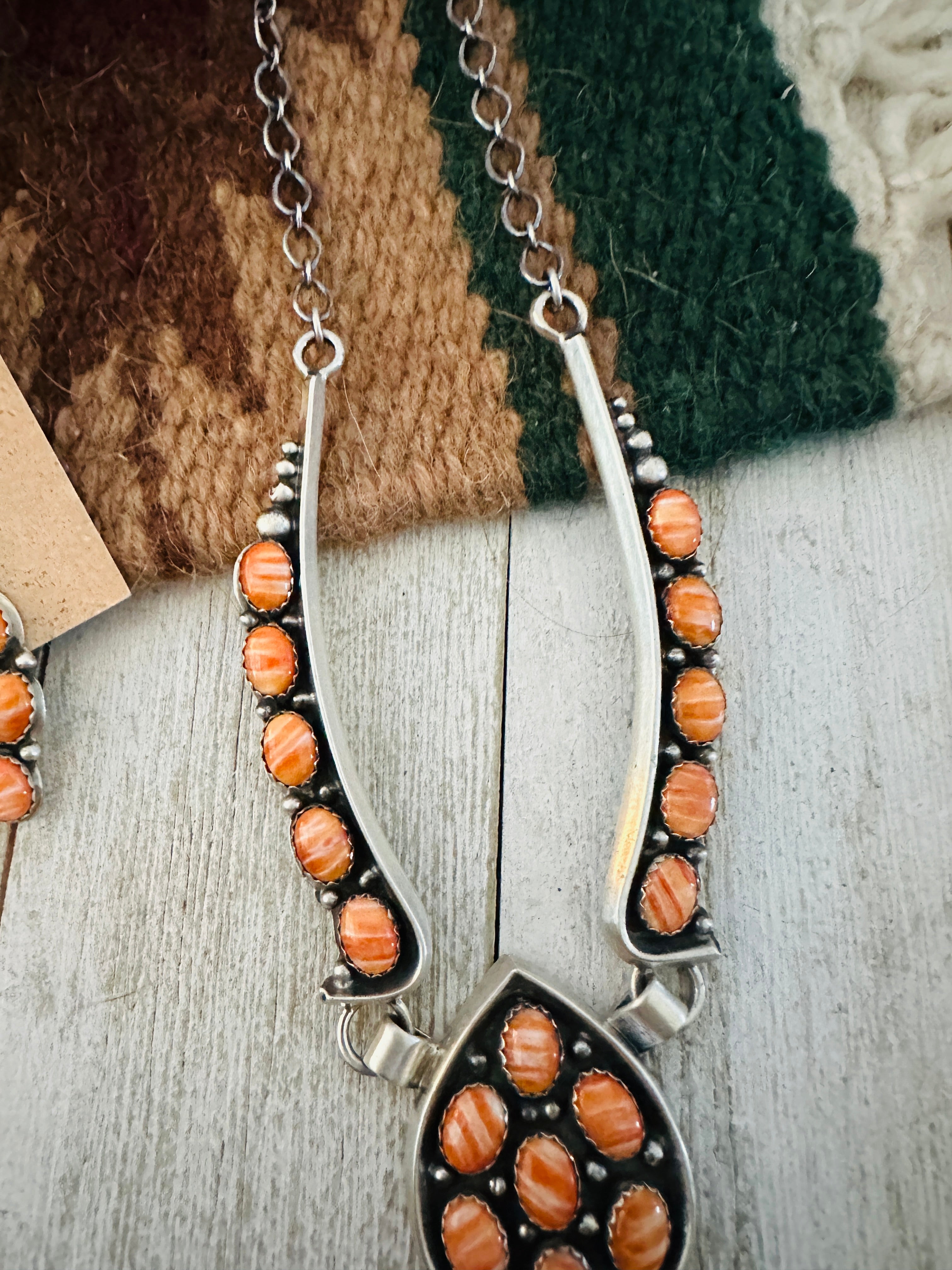 Navajo Sterling Silver & Orange Spiny Oyster Necklace Set