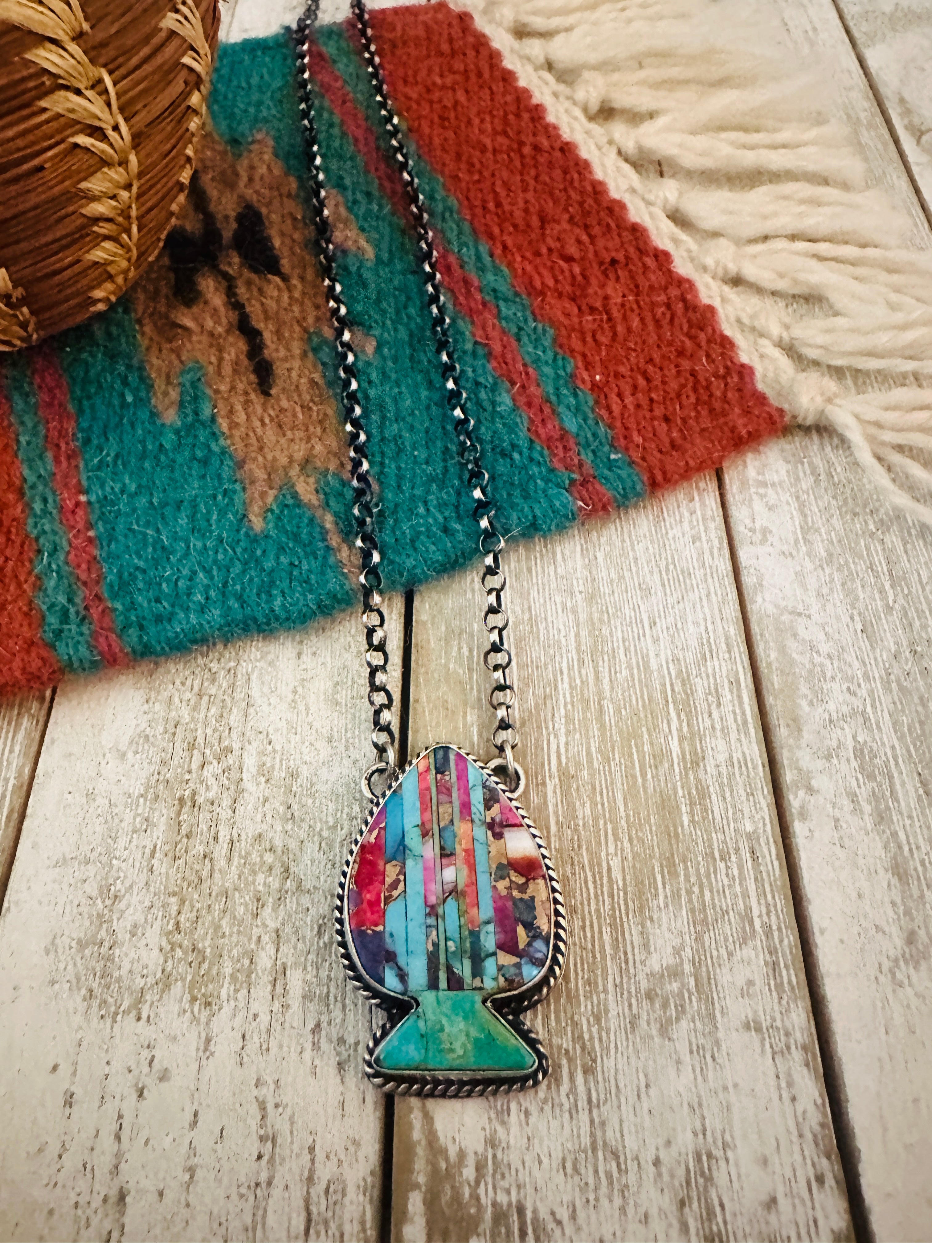 Navajo Sterling Silver & Multi Stone Inlay Spade Necklace