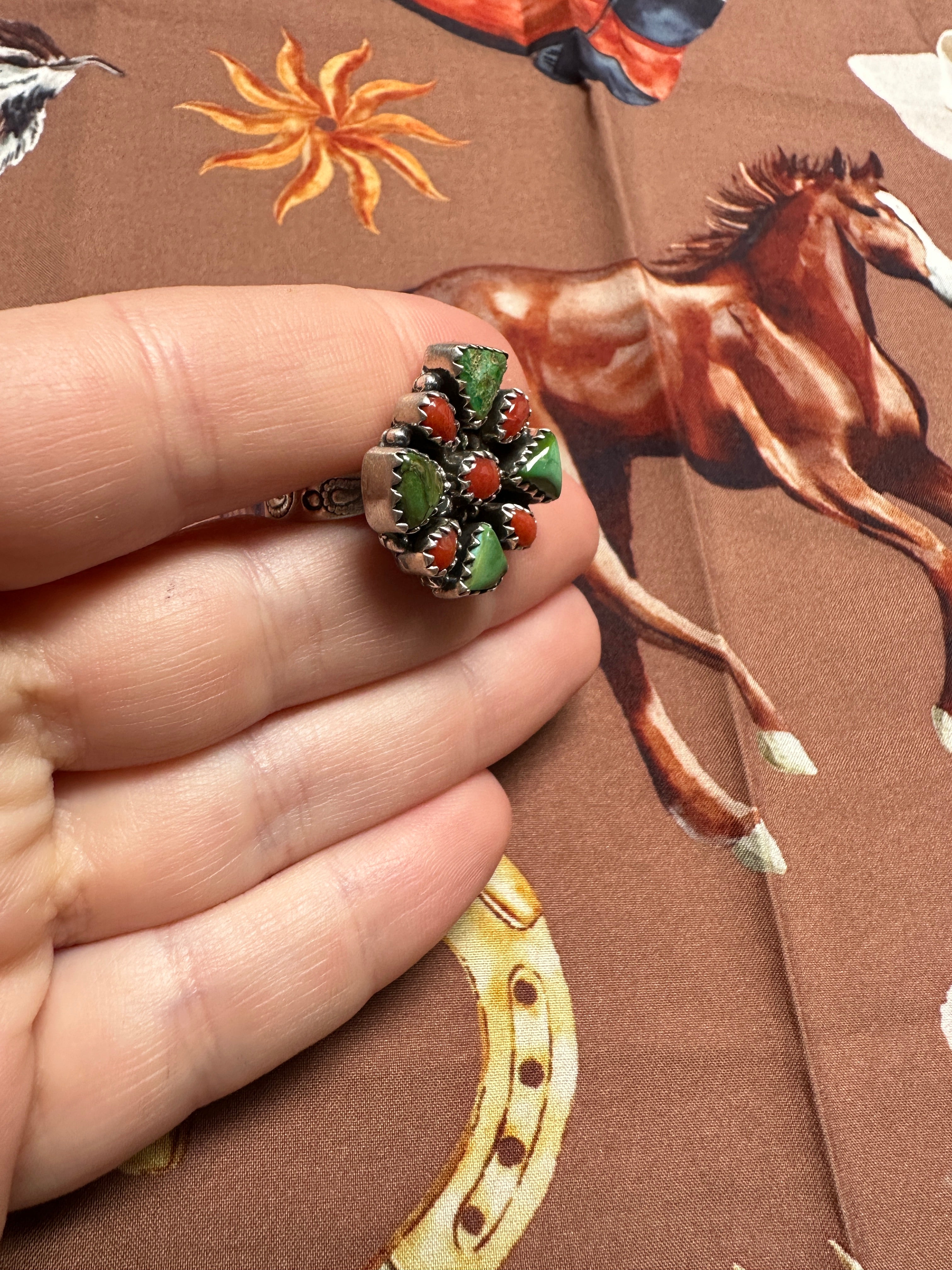 Beautiful Handmade Coral, Sonoran Turquoise And Sterling Silver Adjustable CLUSTER Ring