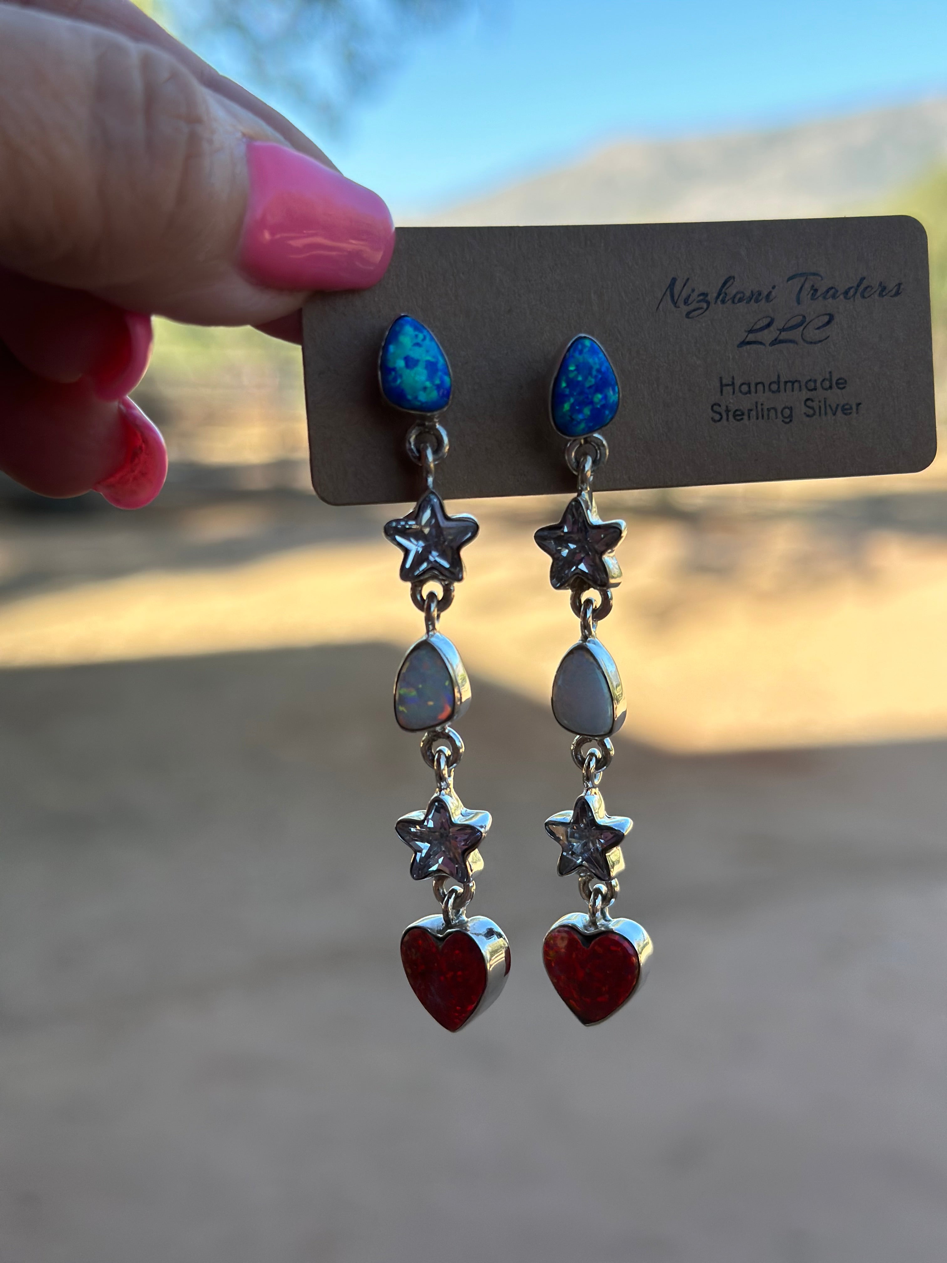 4th Of July Handmade Red, White & Blue Fire Opal and Sterling Silver Dangles