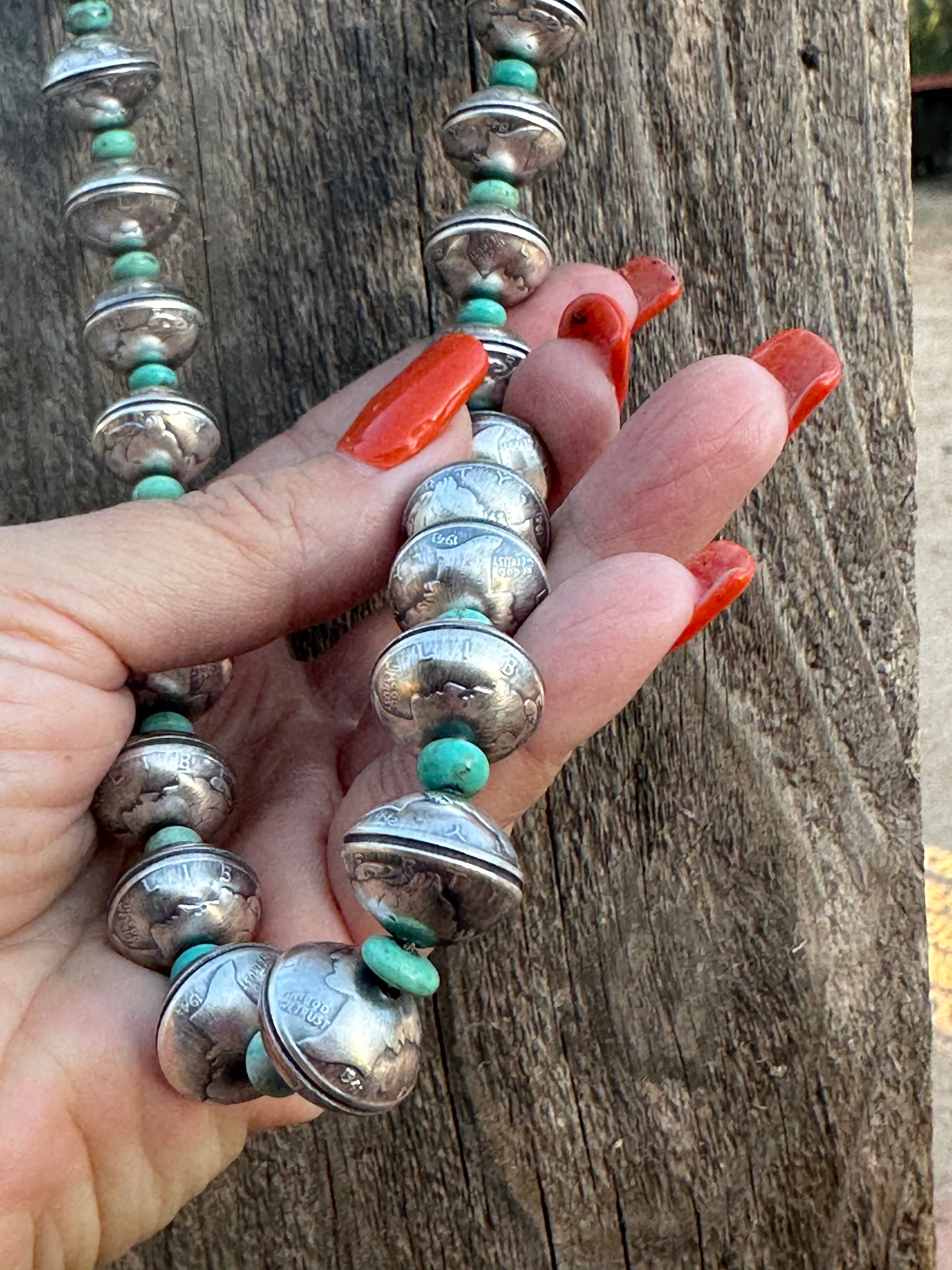 Navajo James McCabe Sterling Silver & Turquoise Liberty Dime Necklace