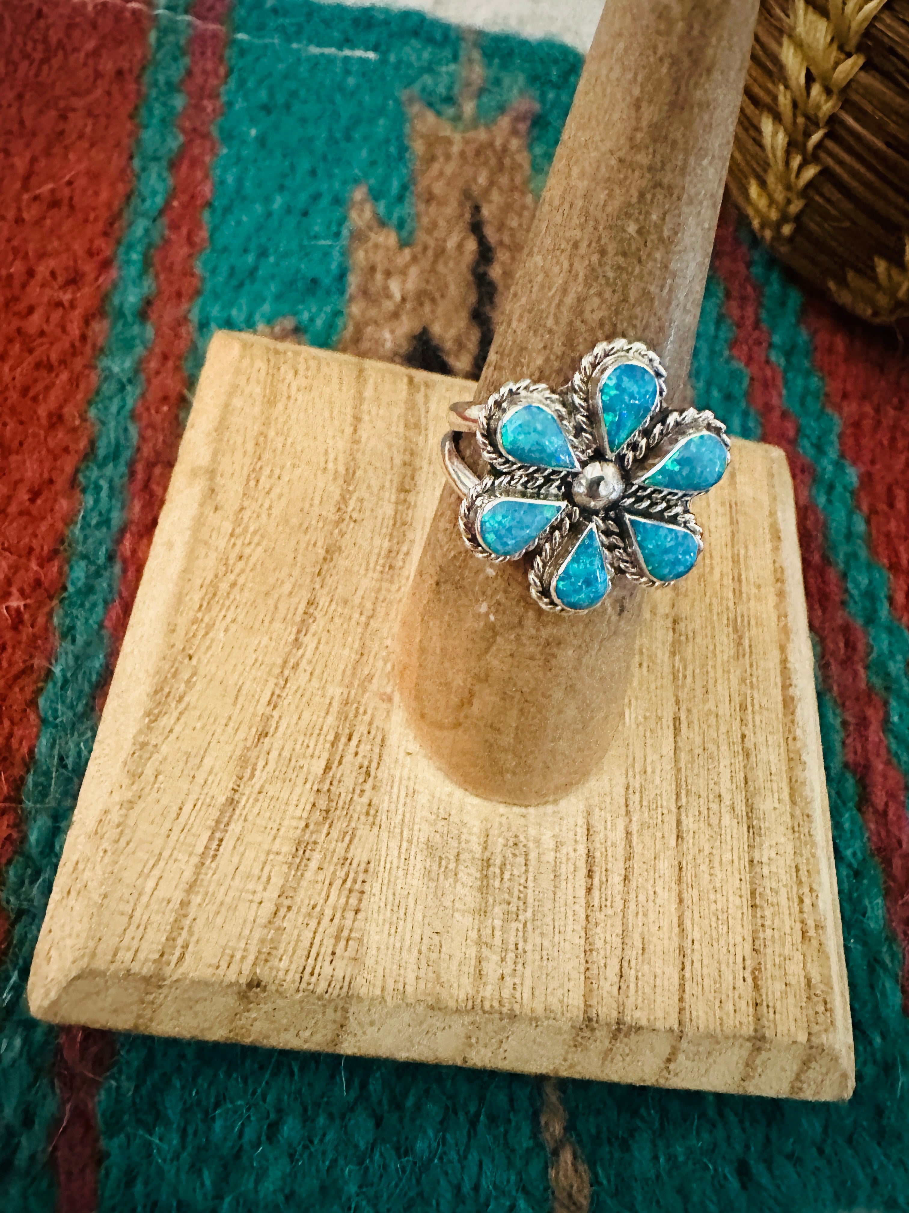 Zuni Sterling Silver & Blue Opal Flower Ring Size 7.5