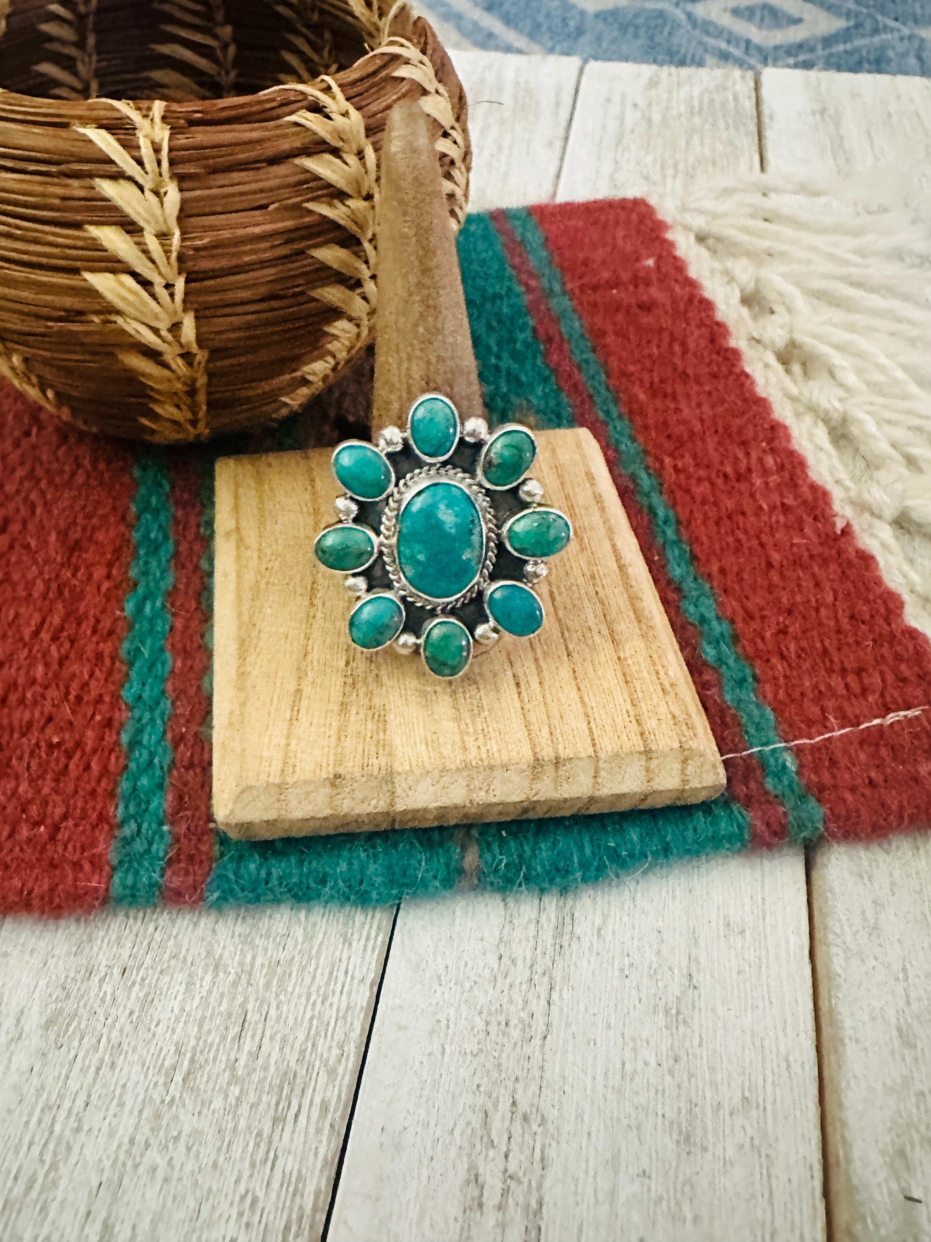 Navajo Sterling Silver & Turquoise Cluster Adjustable Ring