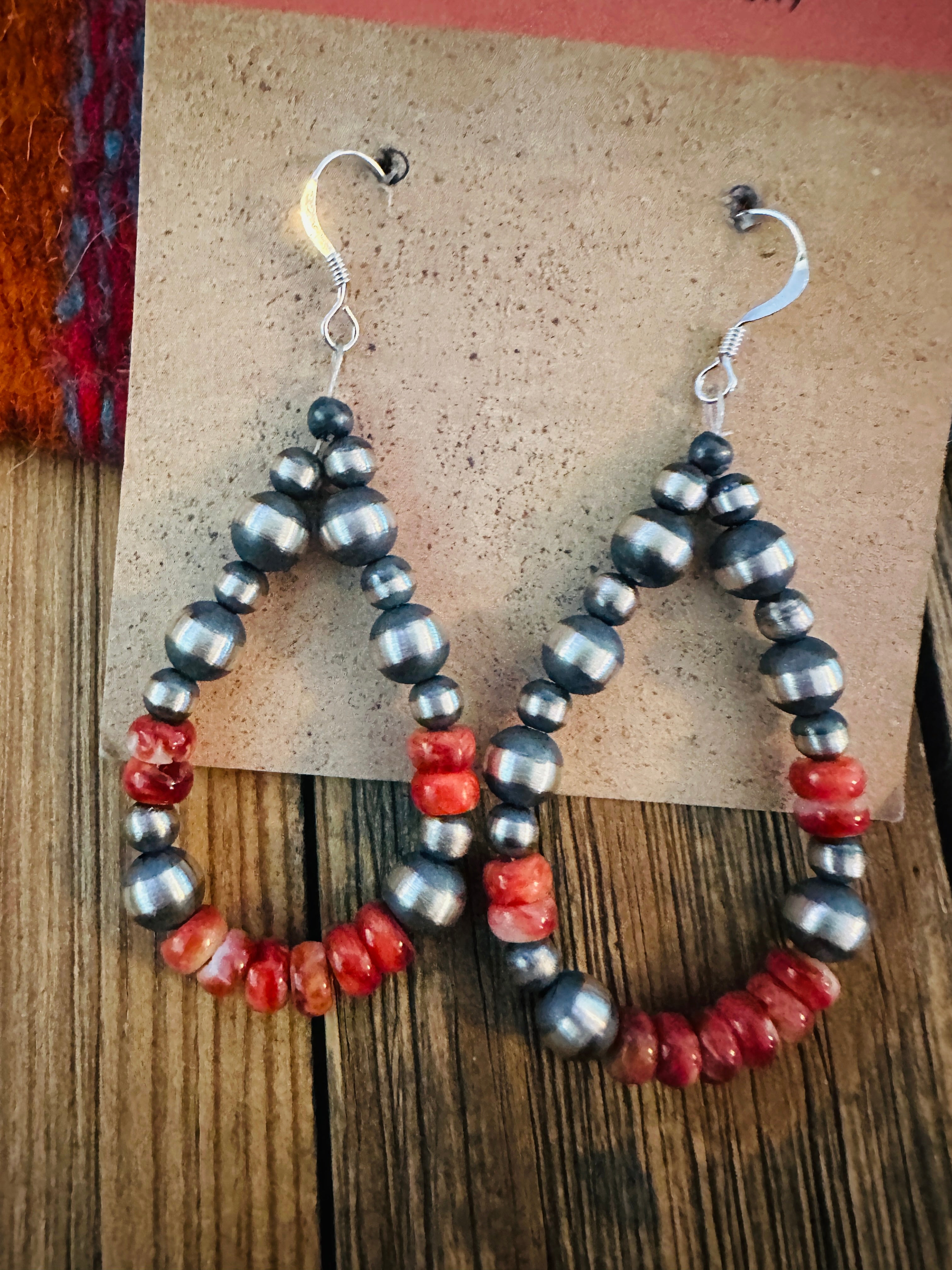 Handcrafted Spiny Oyster & Sterling Silver Beaded Dangle Hoop Earrings