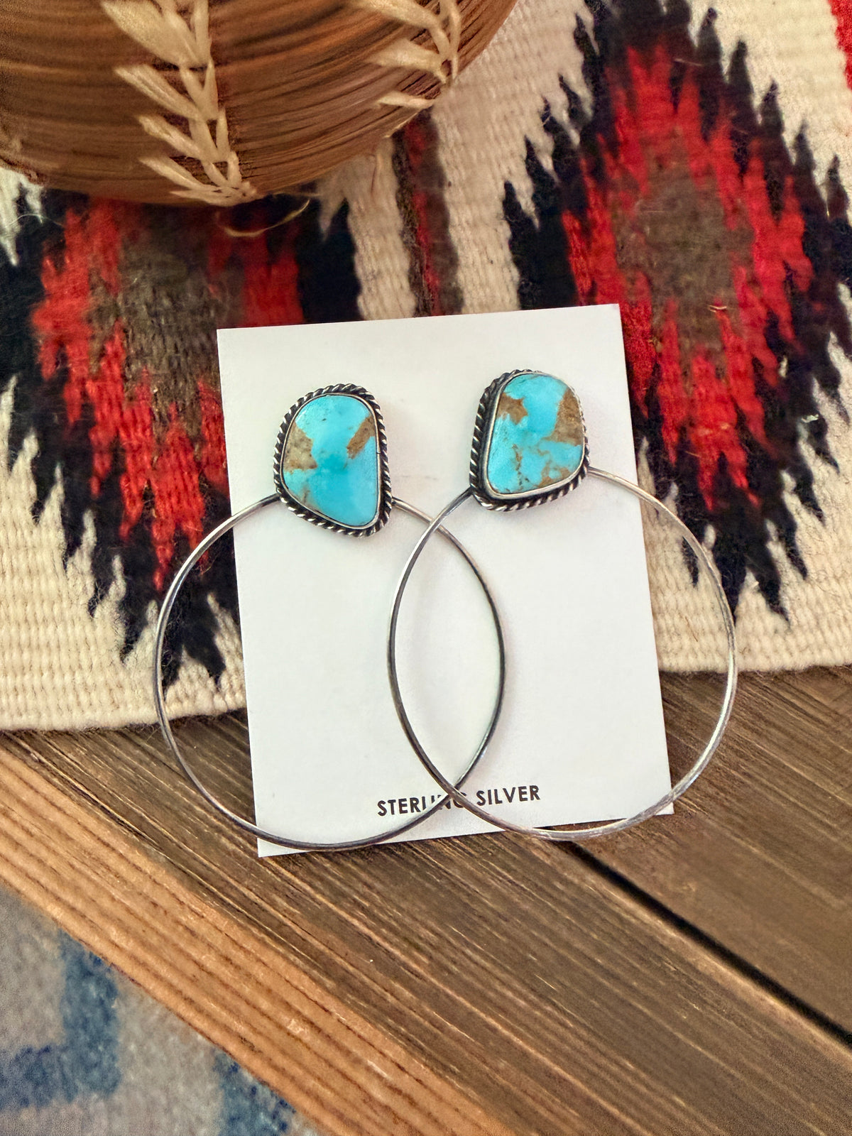 Handcrafted Turquoise and Sterling Silver Dangle Hoop Earrings by Elouise Kee
