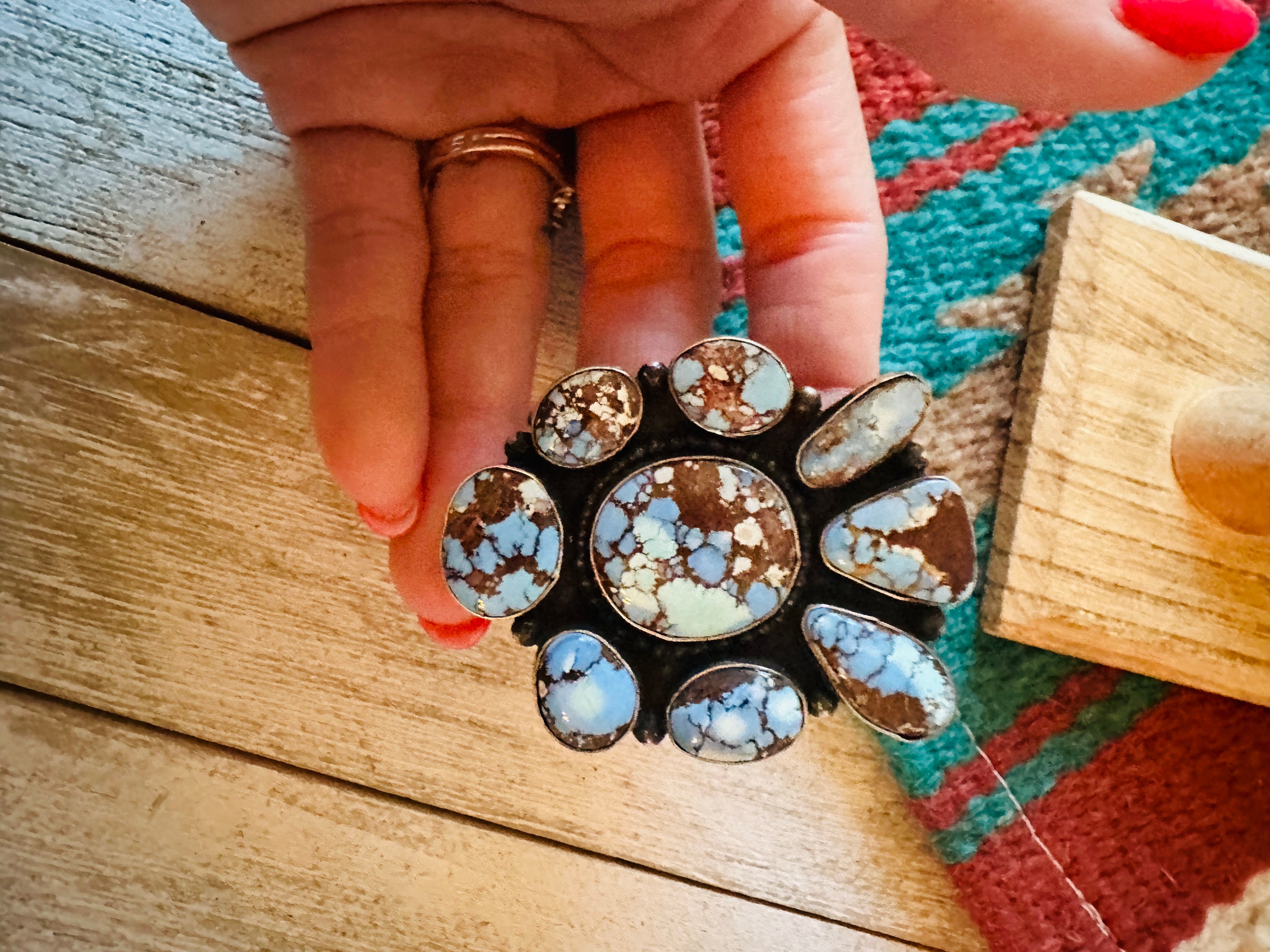 Navajo Golden Hills Turquoise & Sterling Silver Cluster Ring Size 7