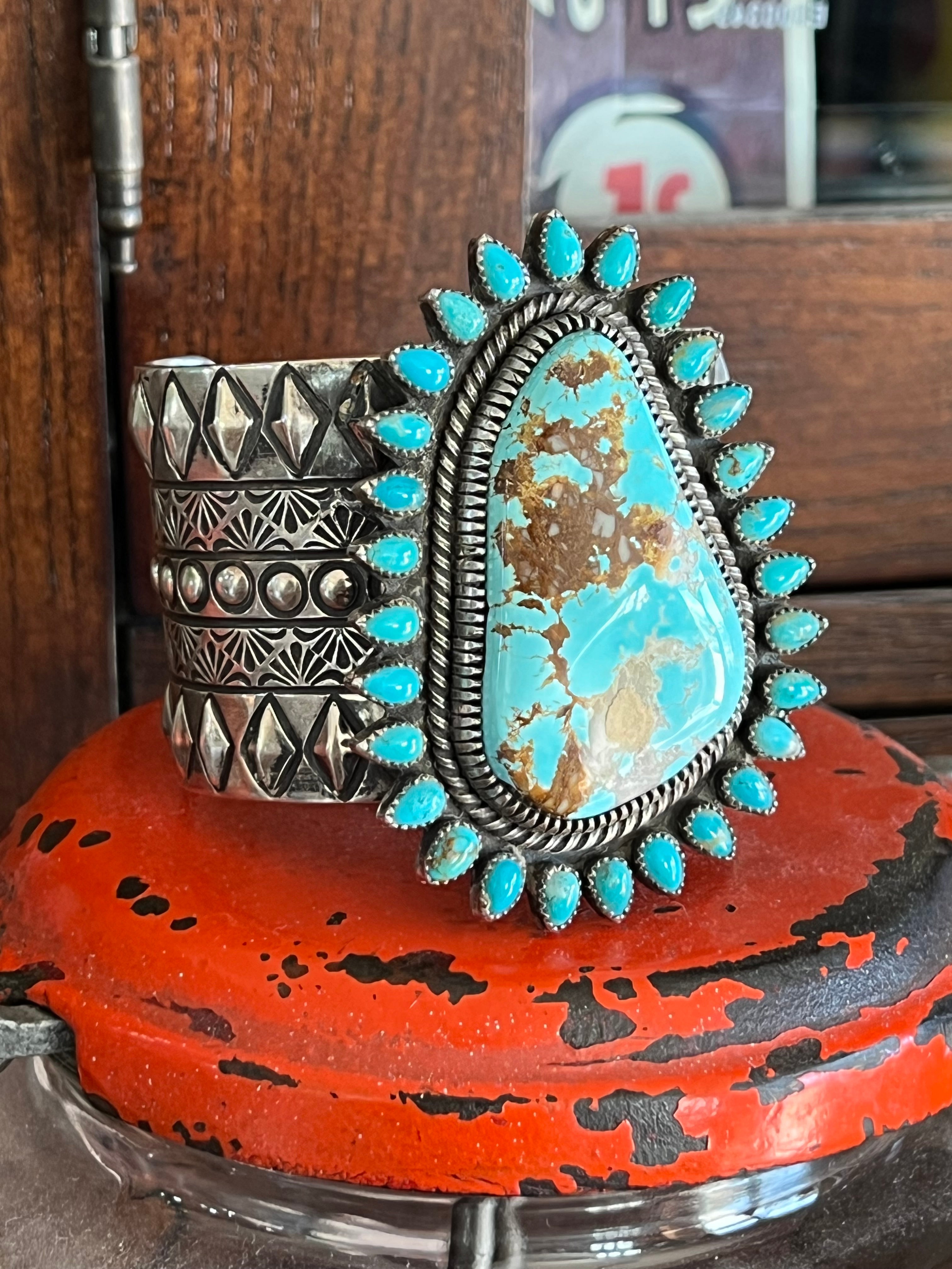 Sterling Silver & Royston Turquoise Cluster Cuff Bracelet by Glenn Livingston