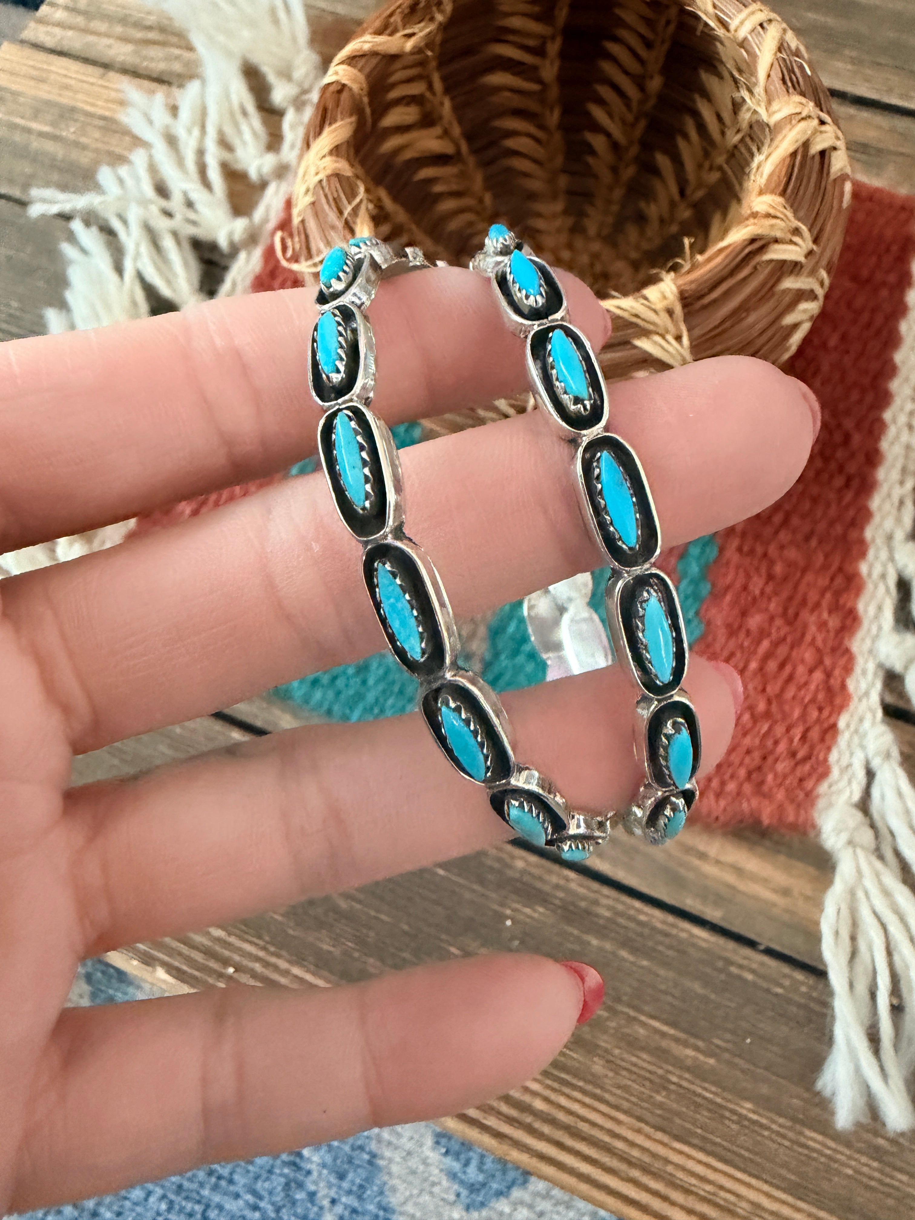 Handcrafted Turquoise & Sterling Silver Shadowbox Hoop Earrings